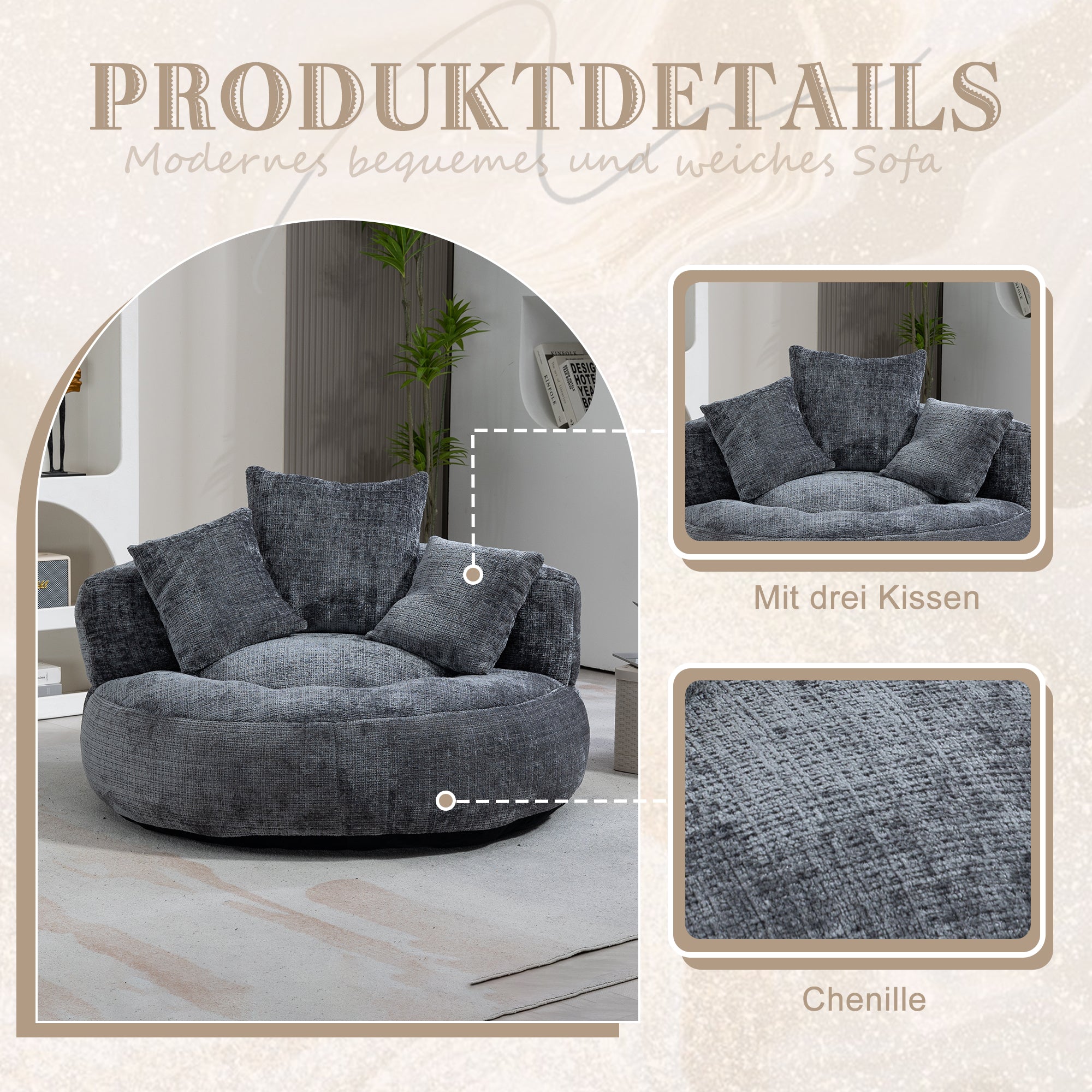 Lazy Sofa High Back Beanbag Chair Couch, Durable Comfort Indoor/Outdoor, Gray Chenille