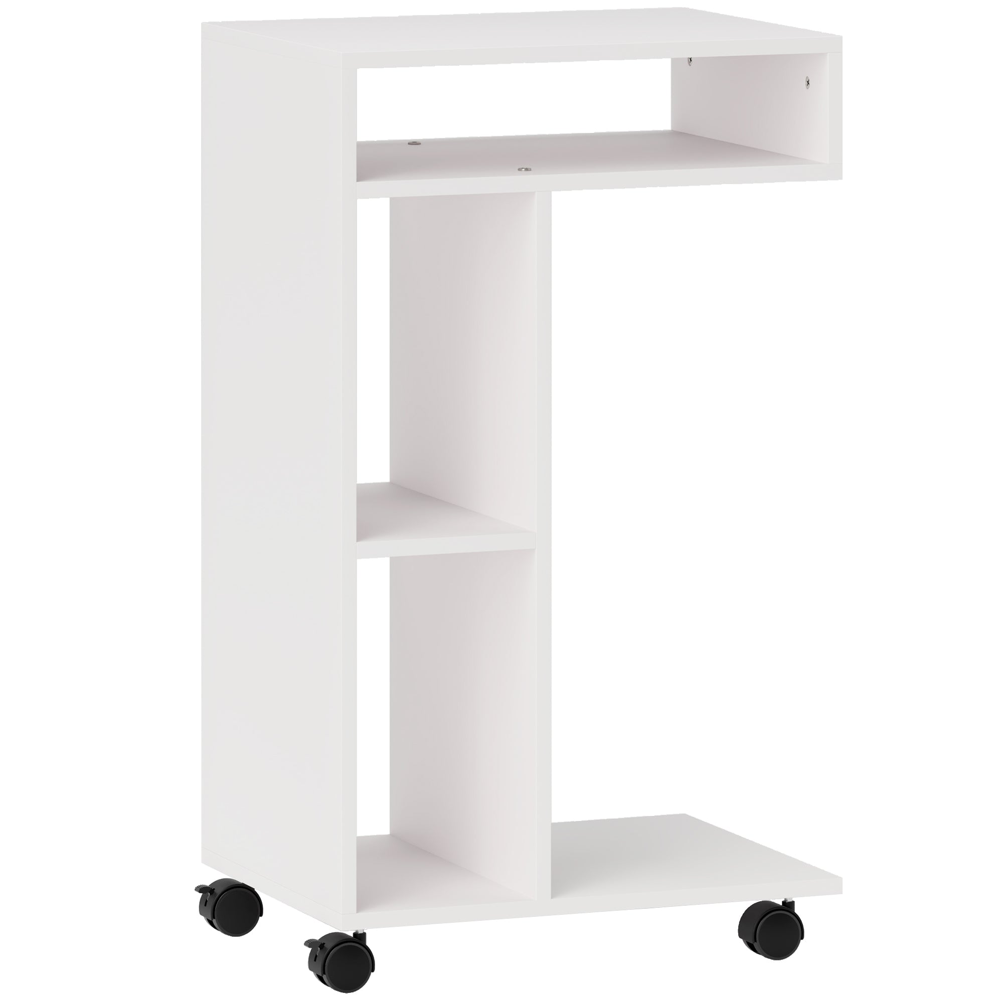 Side Table with Wheels, 4 Shelves, White