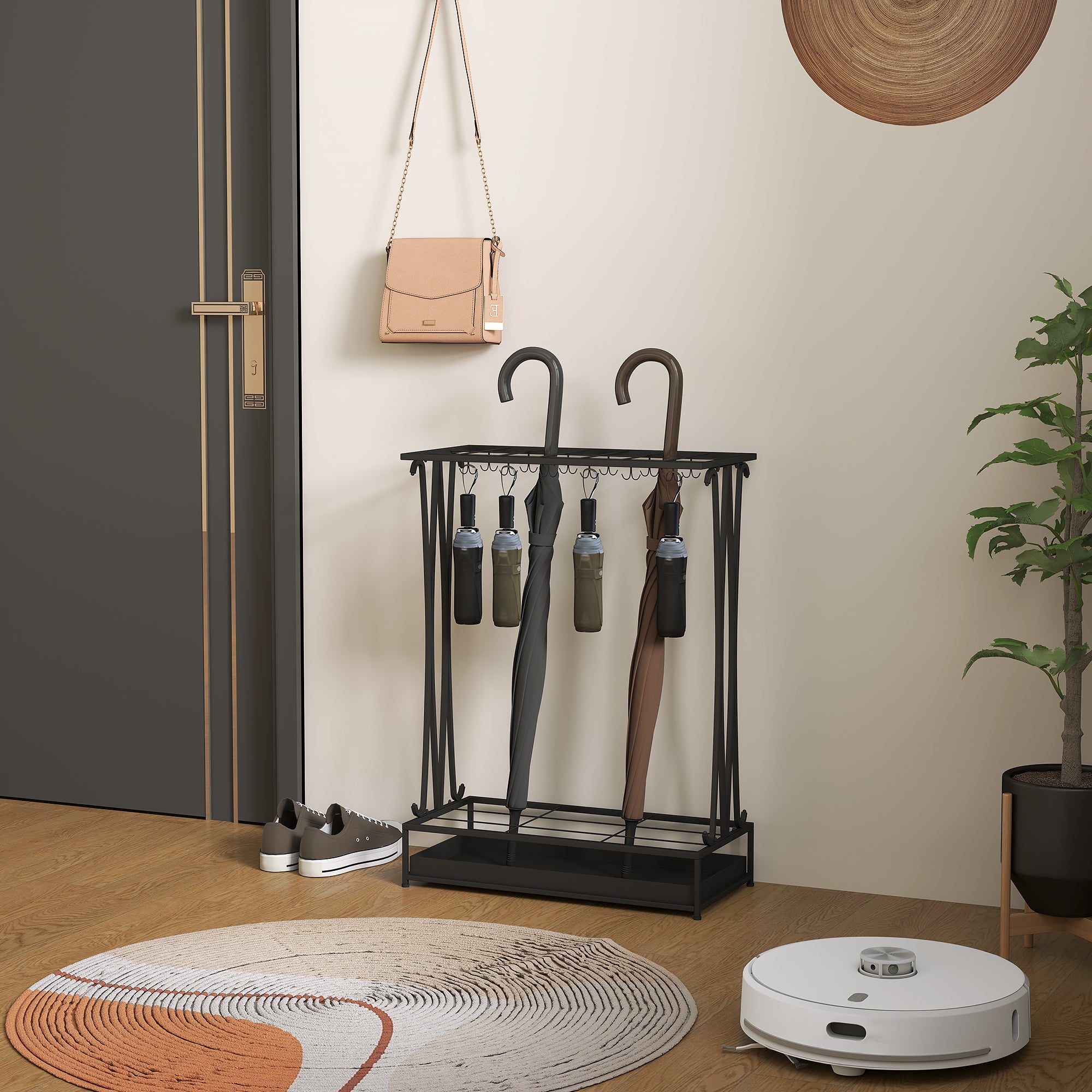 Umbrella Stand, Rectangular Holder with 24 Hooks/Removable Water Tray, Steel Black