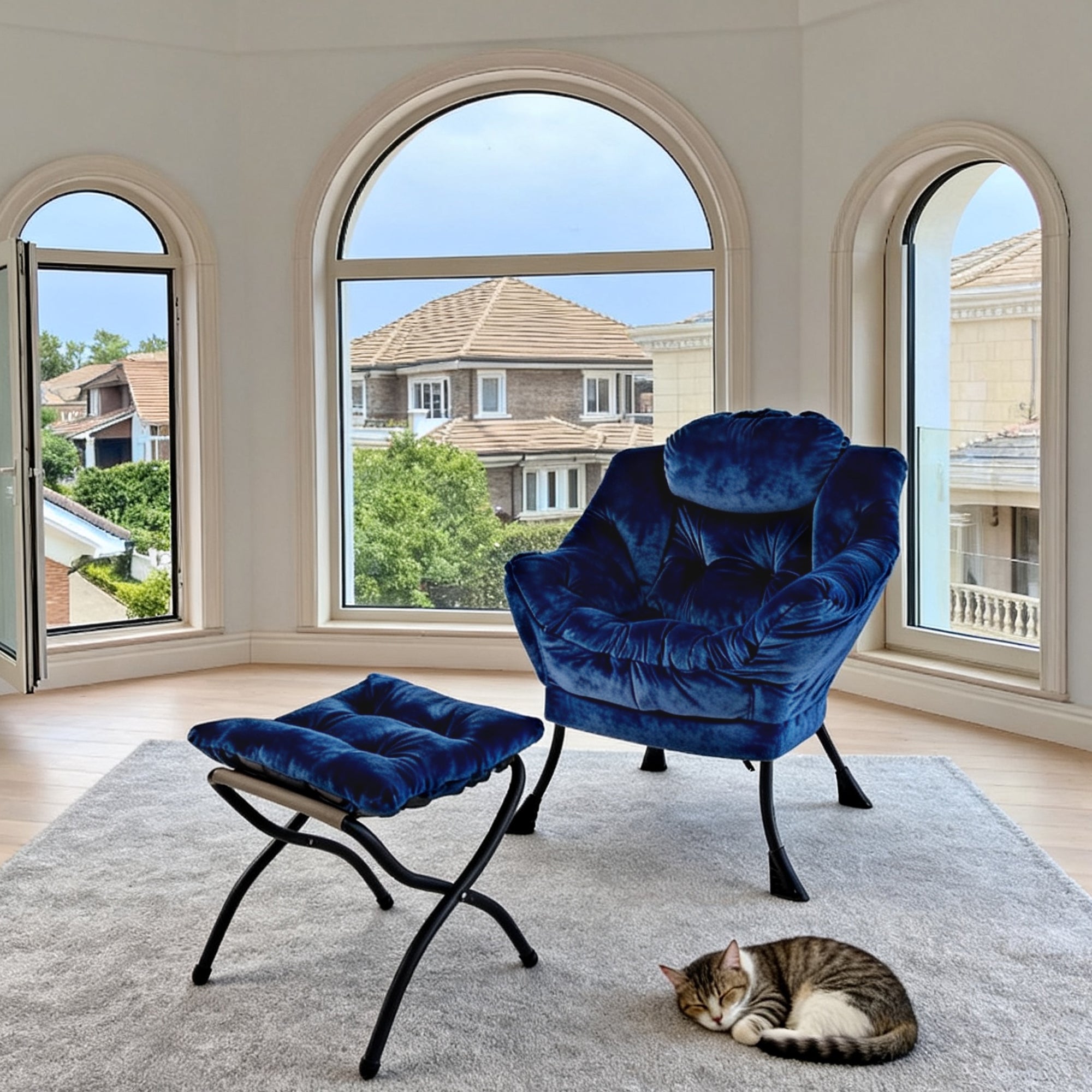 Armchair Footstool Recliner Side Pocket, Dark Blue Fabric