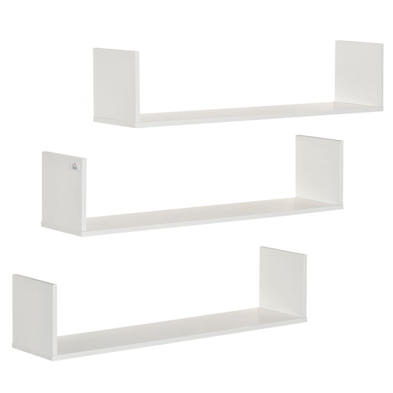 Set of 3 U-Shaped Floating Shelves Wall Mounted Storage Display, White Wooden