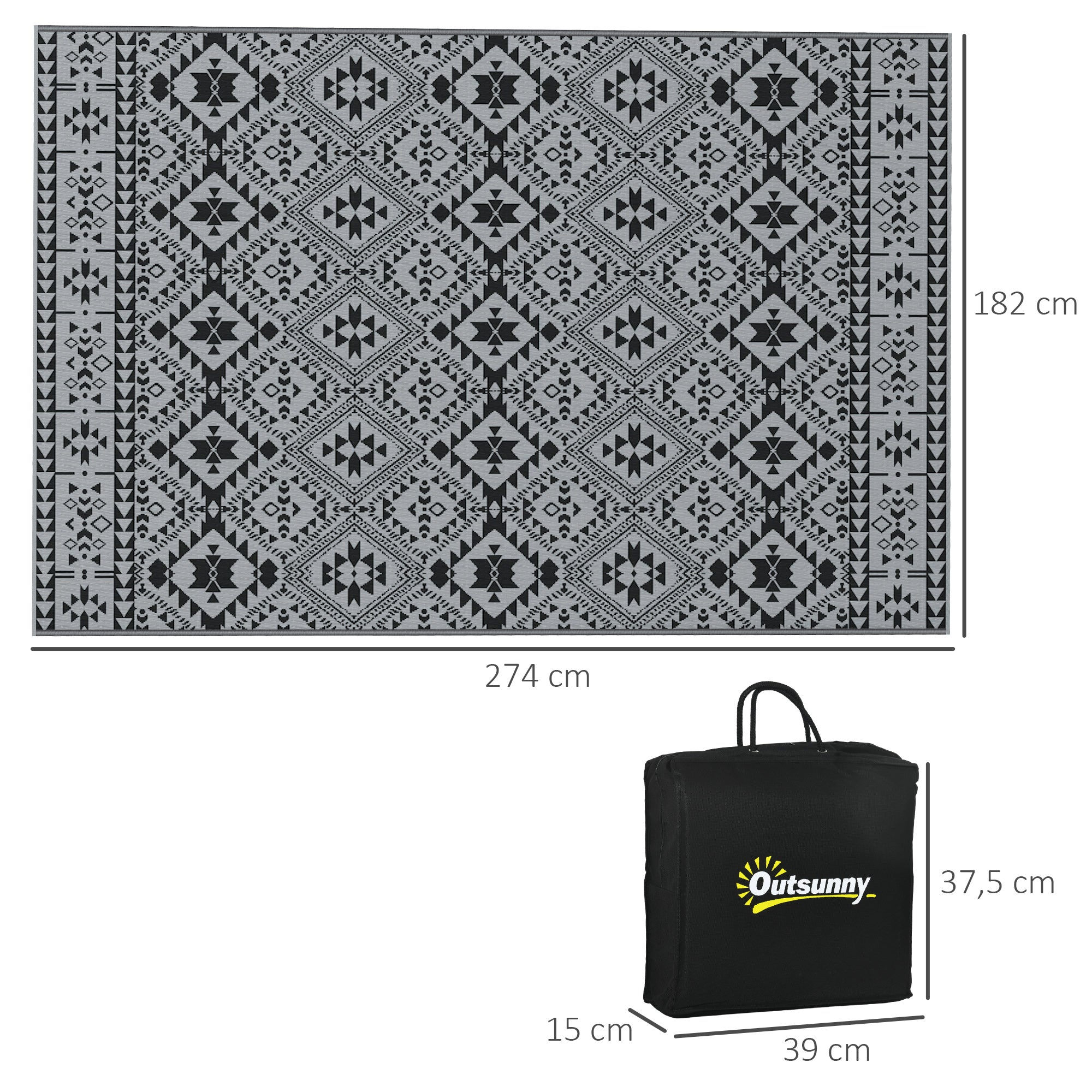 Outdoor Balcony Rug, Waterproof Geometric Eco-Friendly, Black+Grey