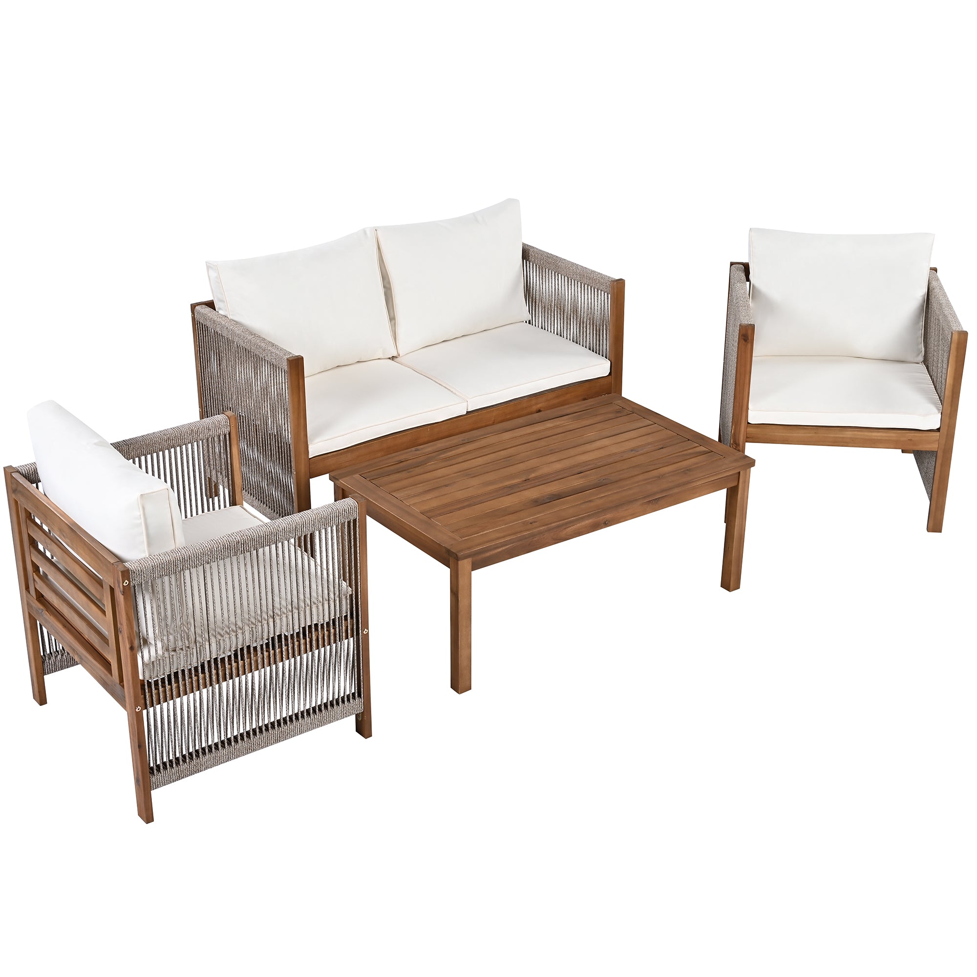 Garden Furniture Lounge Set with Double Sofa 2 Armchairs and Table, Acacia and Beige Rattan Look