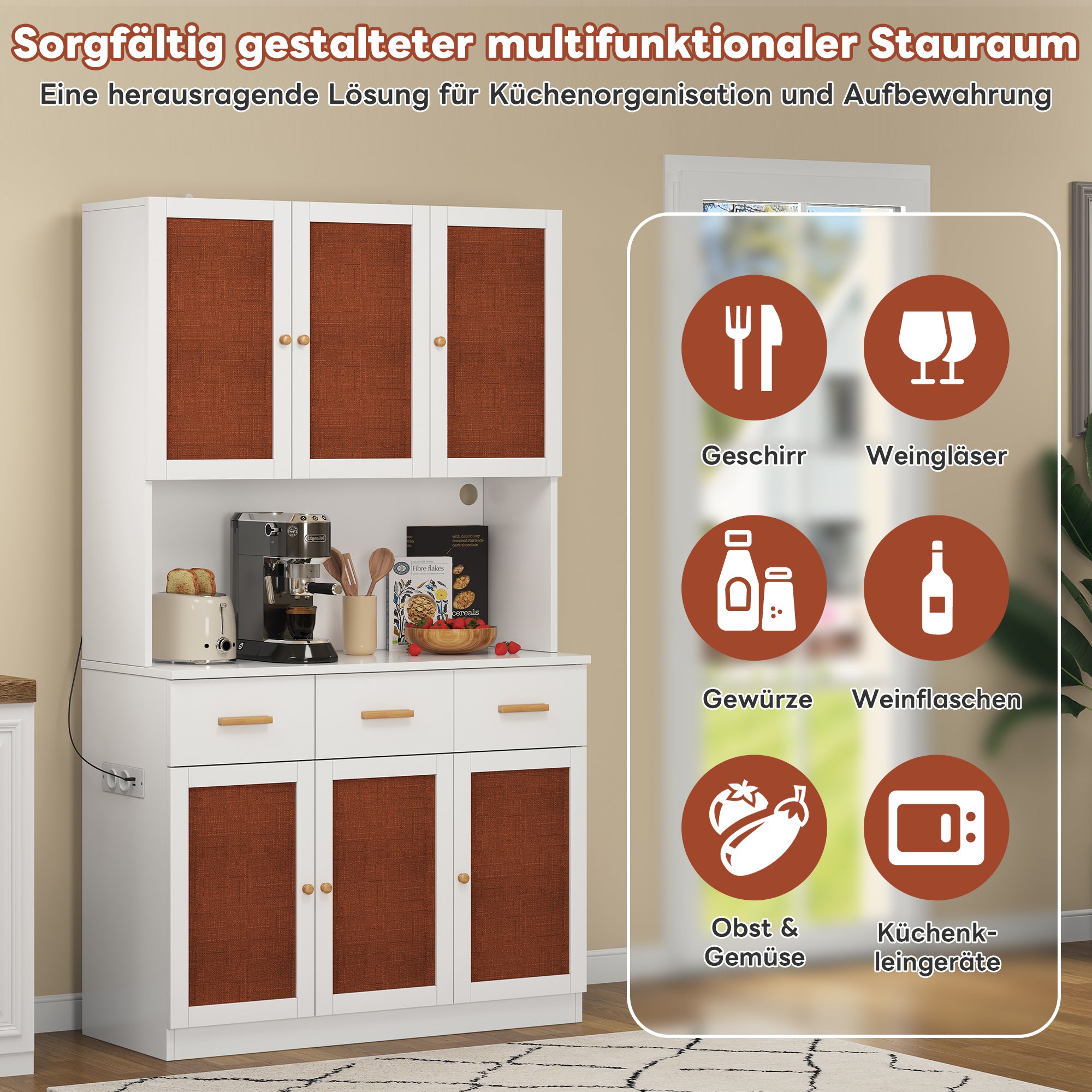 Kitchen Sideboard Tall Cabinet with LED & Socket, White Fabric/Solid Wood