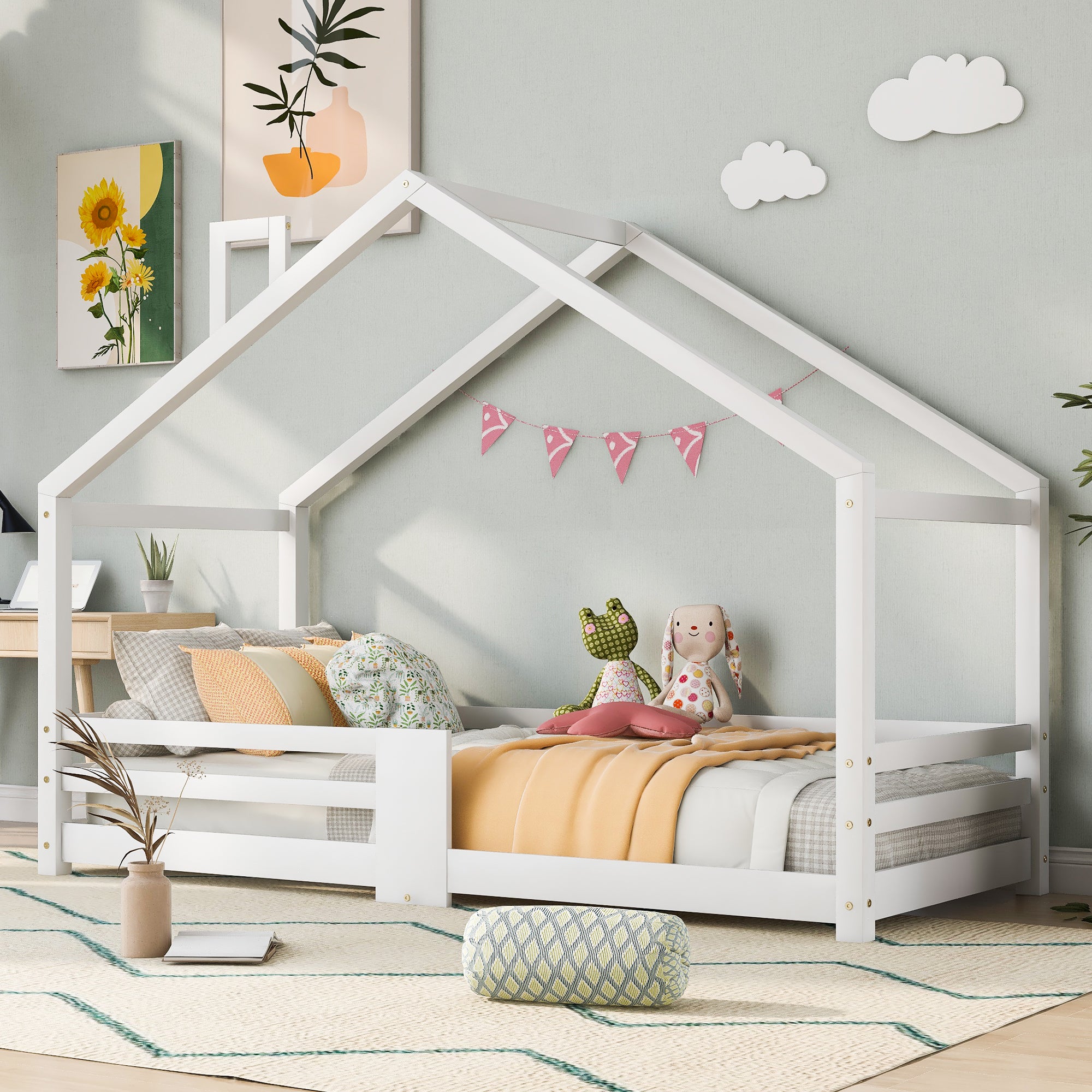 Children's Bed House Bed with Chimney, Fall Protection, Slatted Frames, Pinewood, White