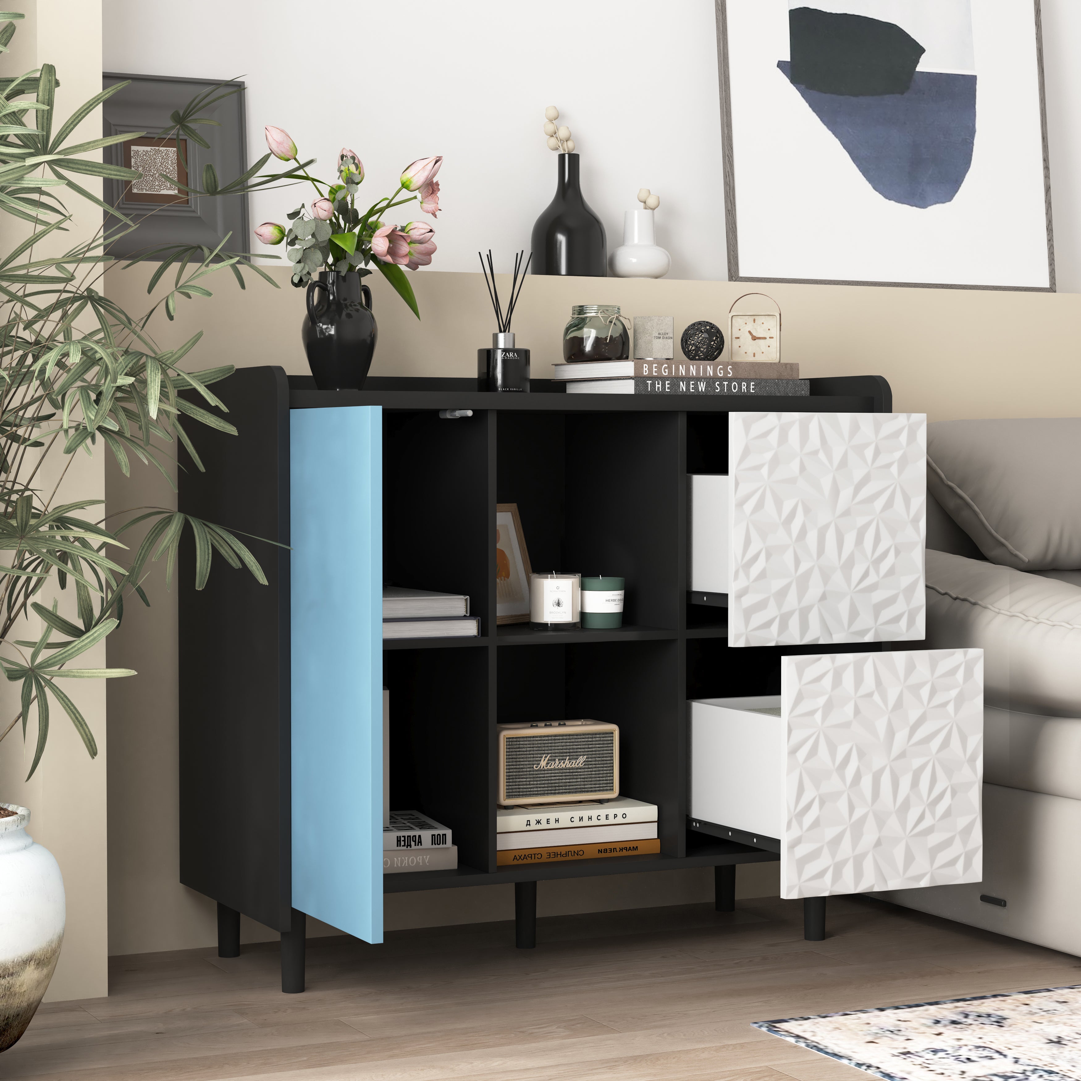Sideboard Buffet Cabinet 2 Drawers 2 Open Storage - Black/Blue Doors