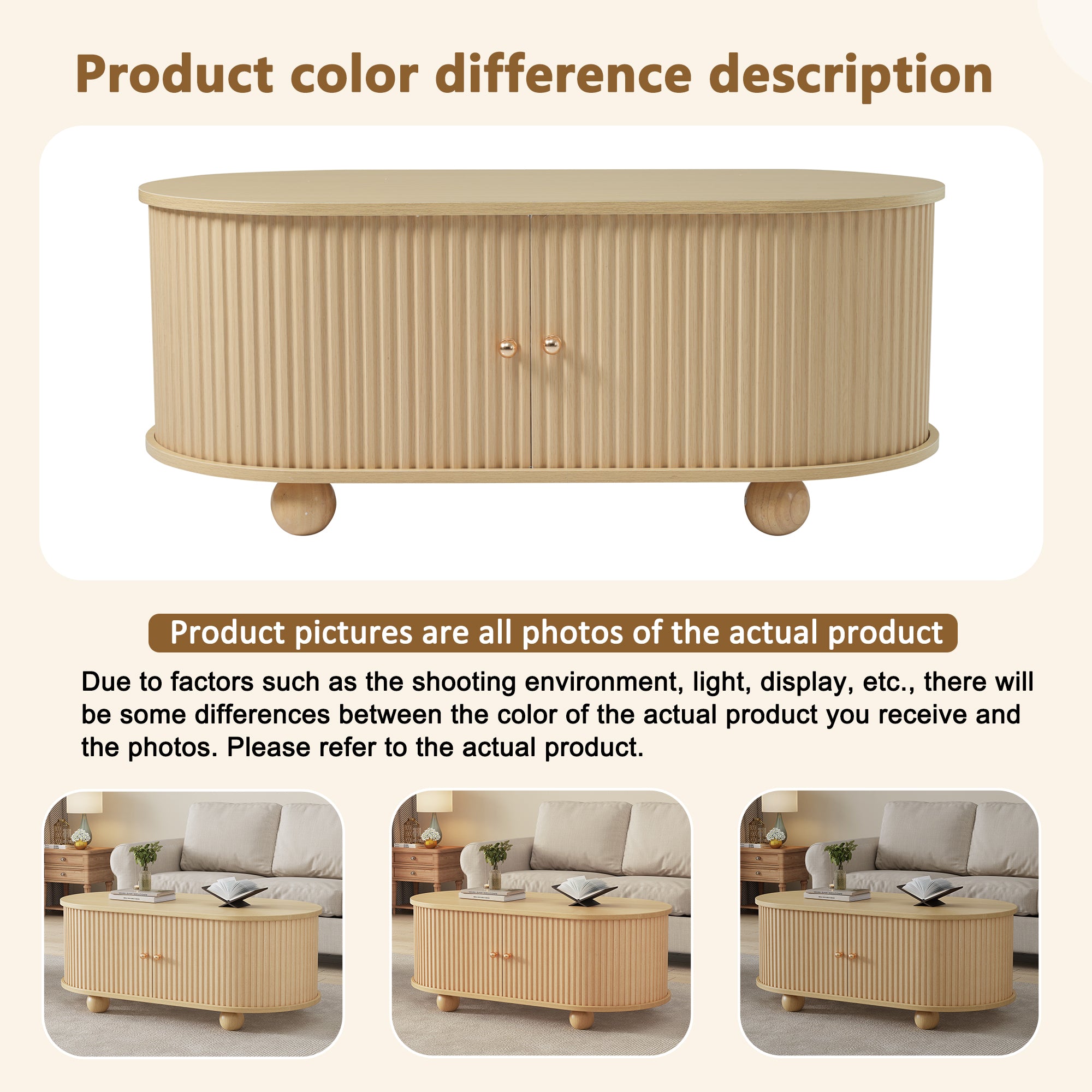 Oval Coffee Table with Storage and Sliding Doors, Multifunctional, Wood Colors