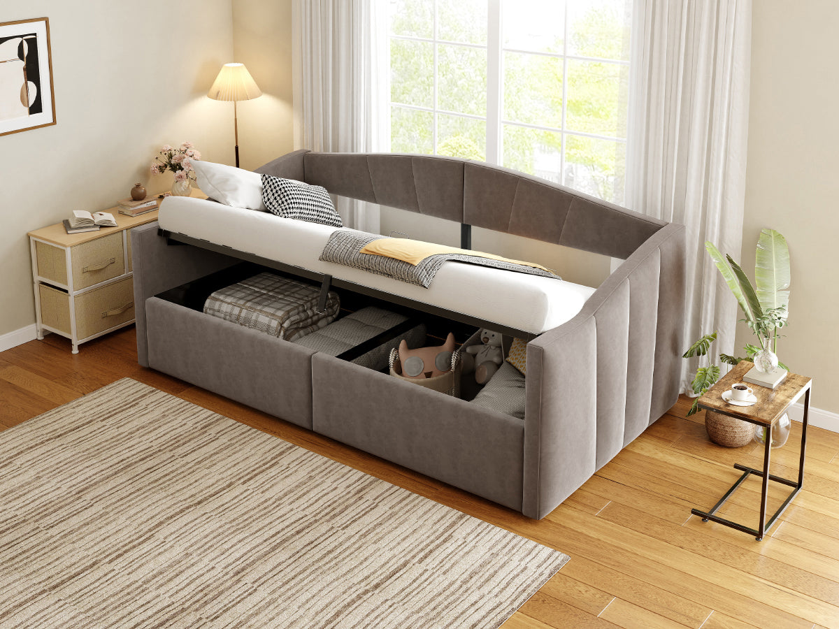 Sofa Bed, Upholstered with Hydraulic Storage, Slatted Frame & Armrests, Striped Velvet, Grey