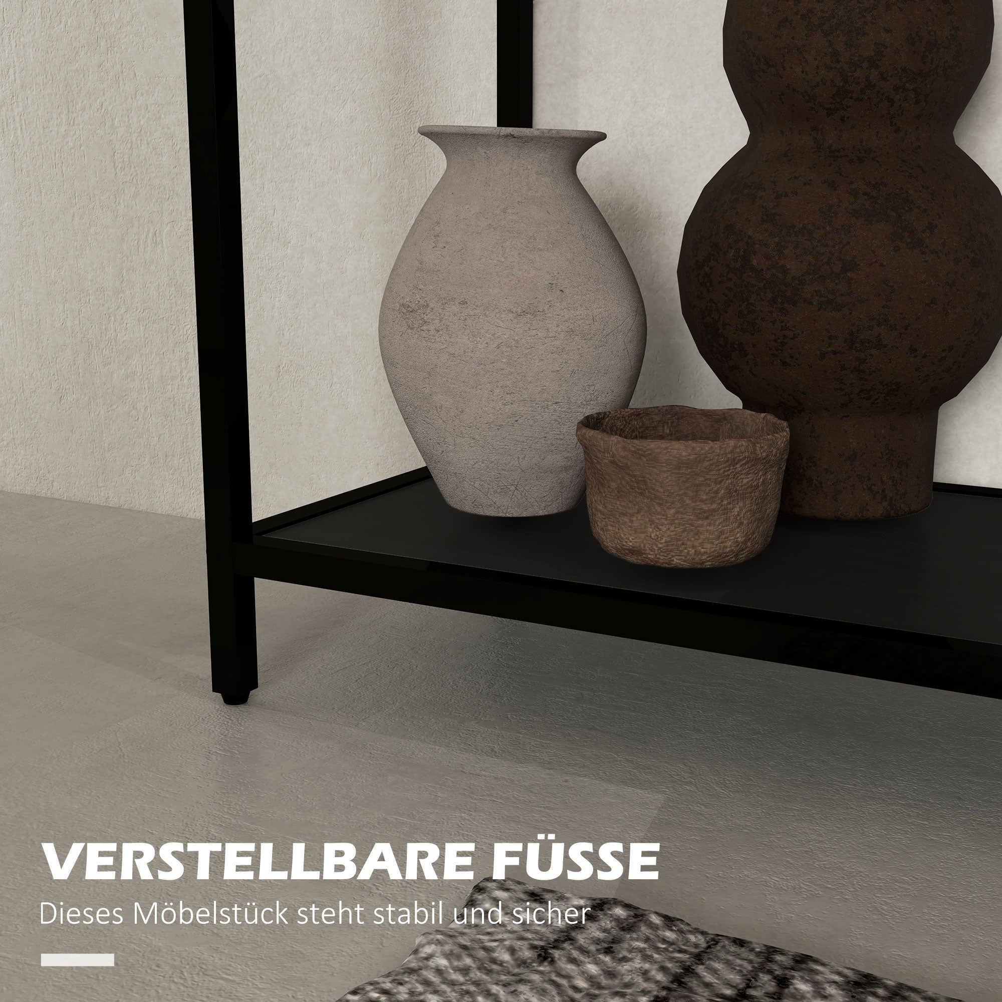 Console Table, 2 Shelves Glass Top, Steel Black