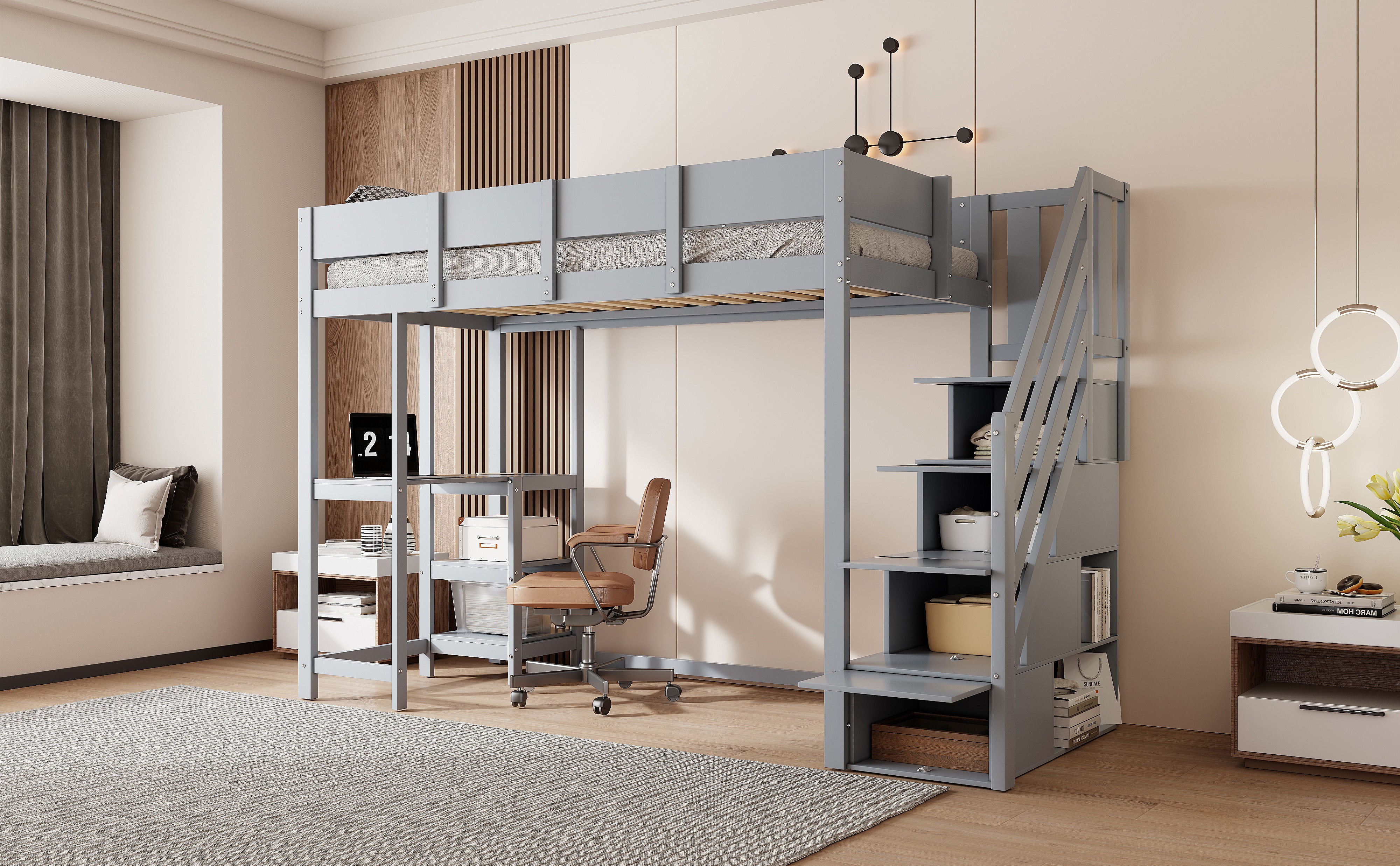 Bunk Bed, Multifunctional Loft with Storage & Shelf, Solid Pine Wood, Grey