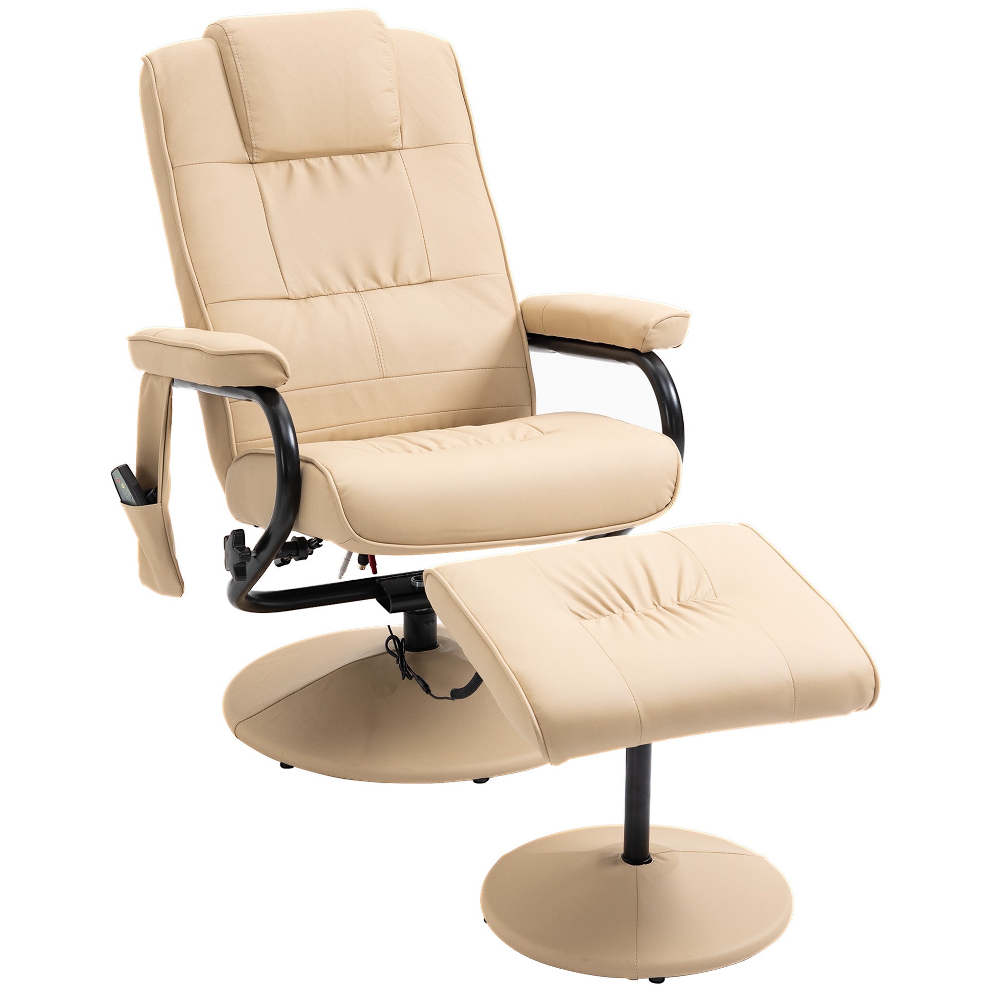 Reclining Massage TV Chair & Footstool, Faux Leather, Cream White