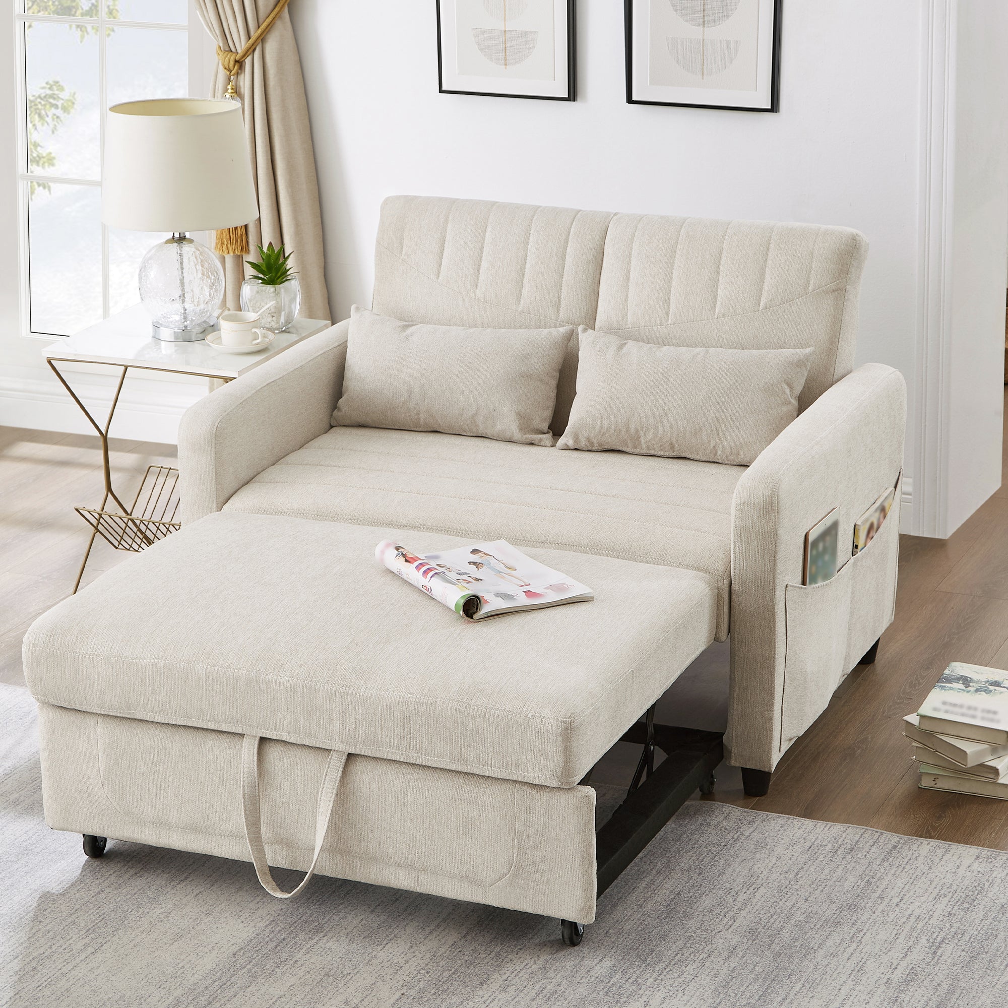 Sofa Bed, Two-seater Folding Extendable with Adjustable Backrest, Cotton Linen Fabric