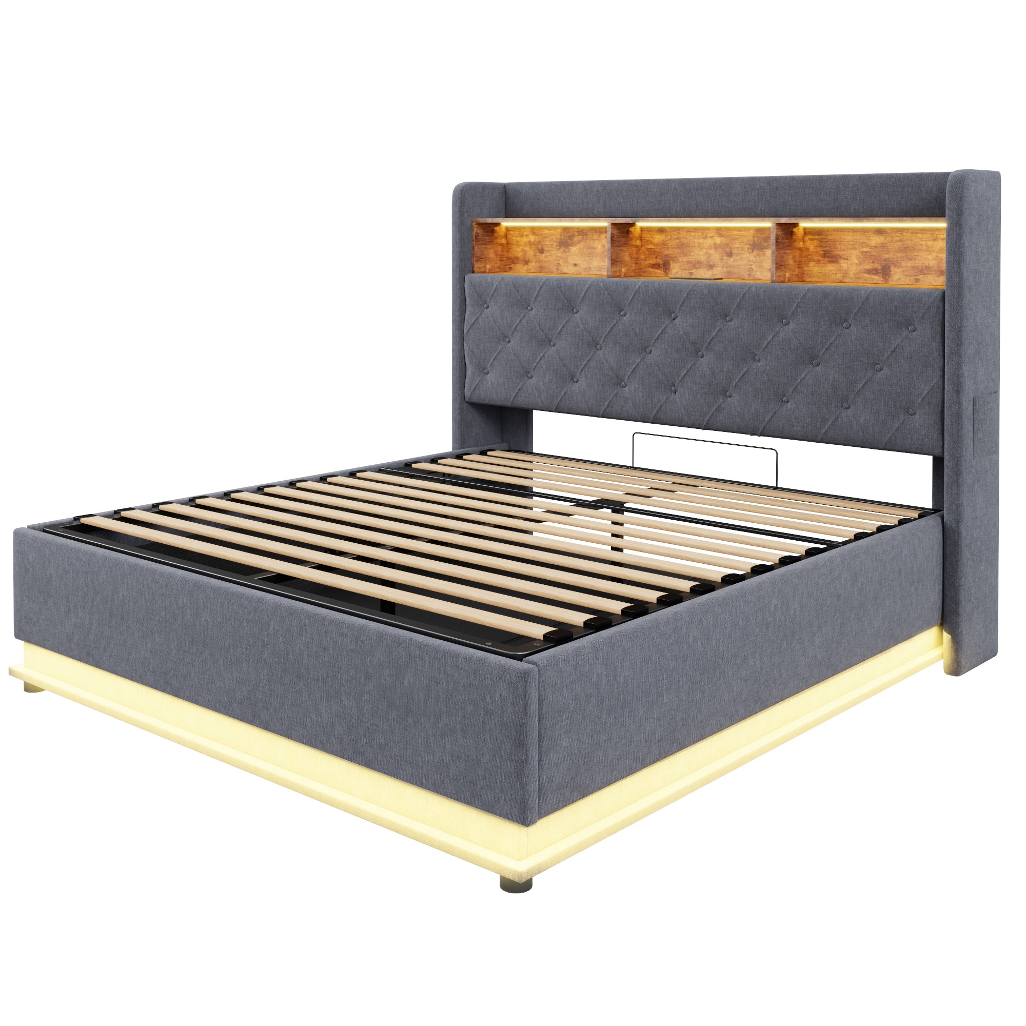 LED Upholstered Bed, 160x200cm, USB Charging, Hydraulic Storage, Linen Fabric, Grey