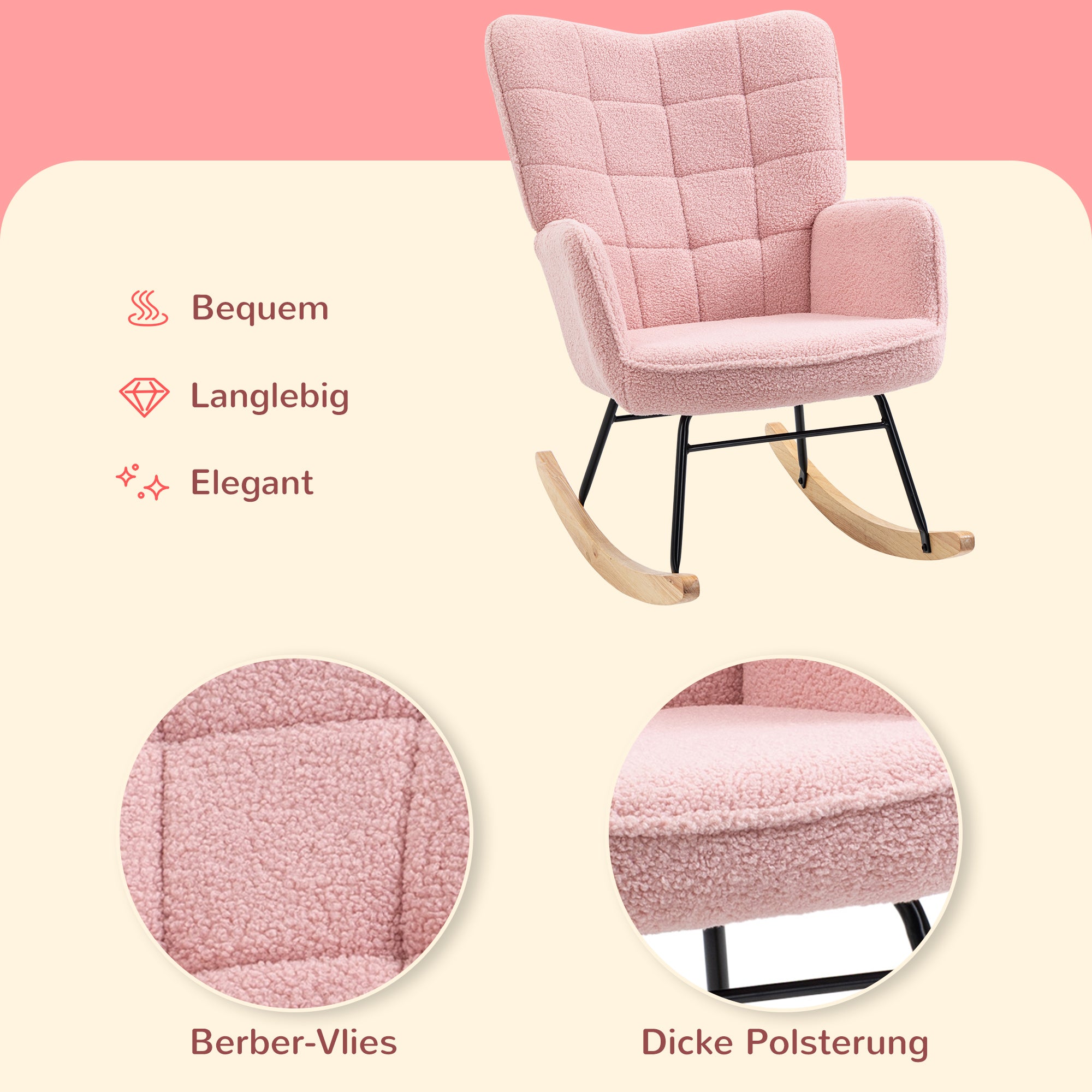 Rocking Chair Recliner Accent Max Load 120 kg Faux Lambskin Pink