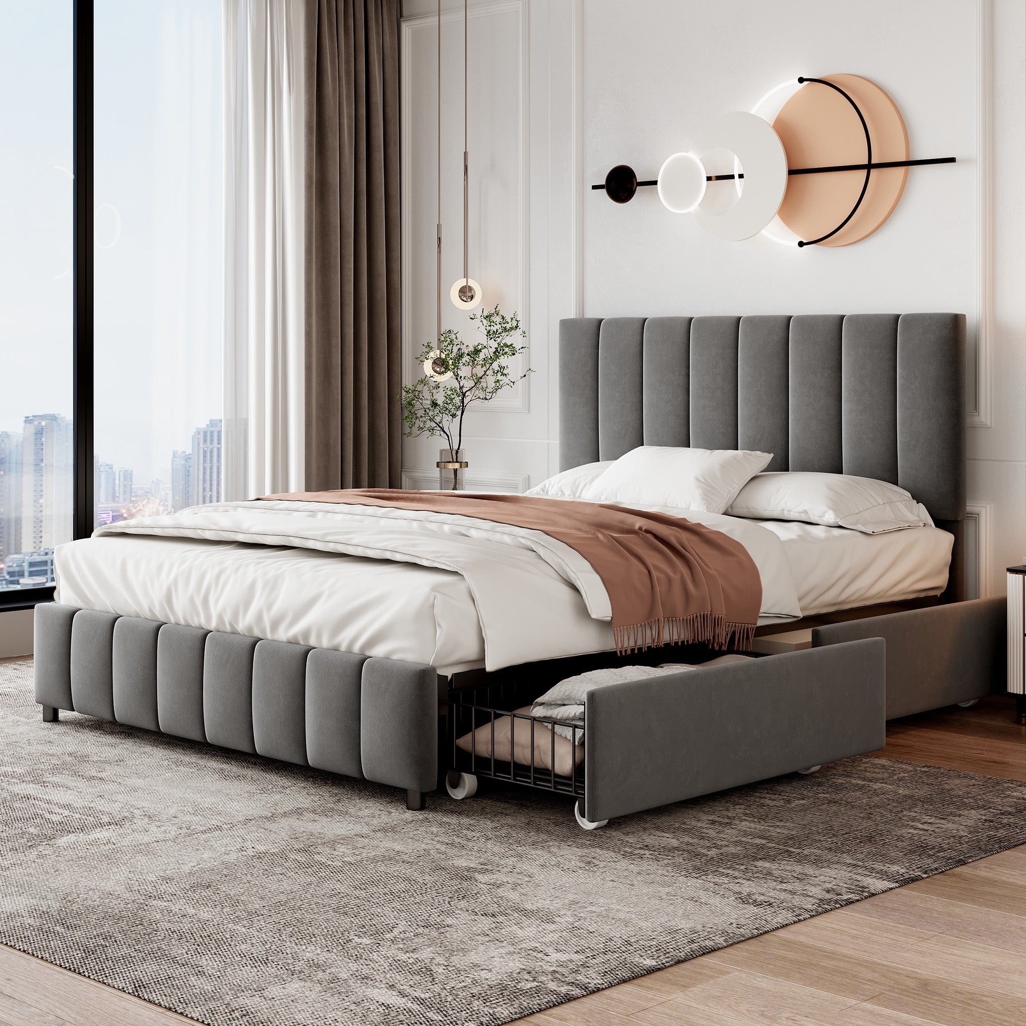 4ft6 Double Upholstered Bed with 4 Storage Drawers, Adjustable Channel Tufted Headboard, Grey Velvet