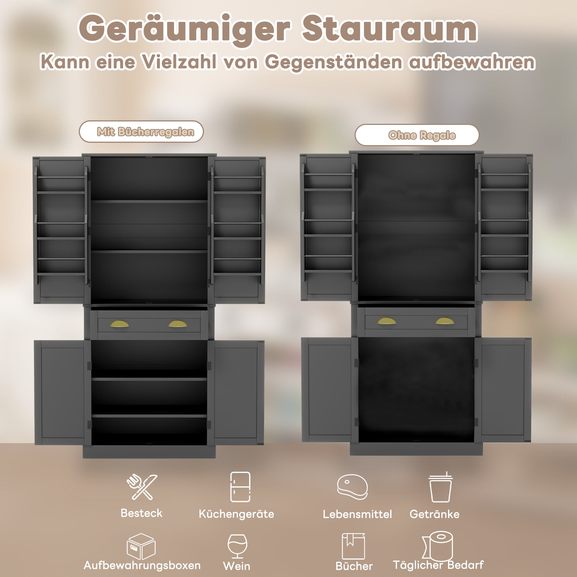 Storage Cabinet 182cm 4 Doors 1 Drawer Adjustable Shelves - Black