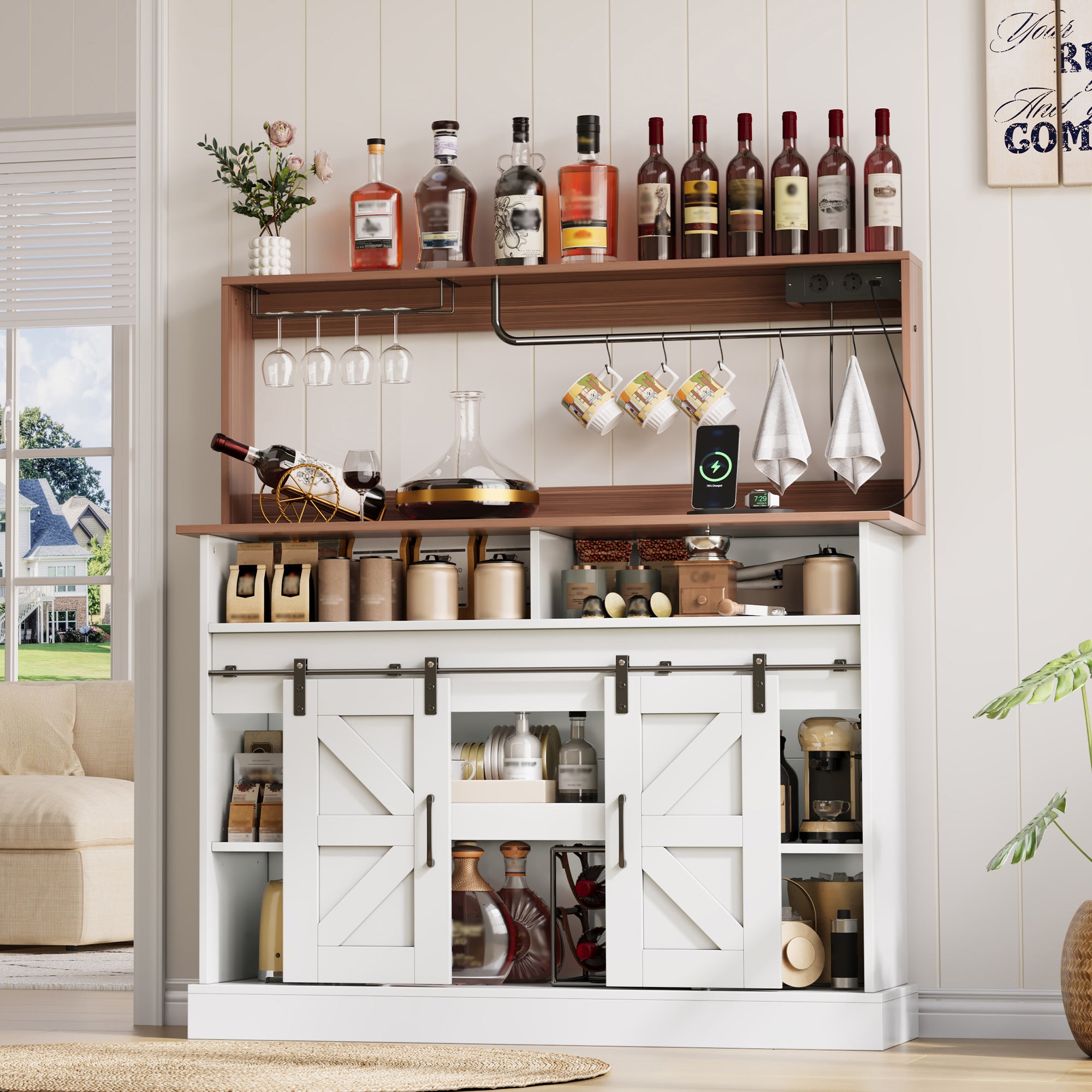 Coffee Bar Sideboard 120cm Glass Holder Power Outlets Sliding Doors - Country Style