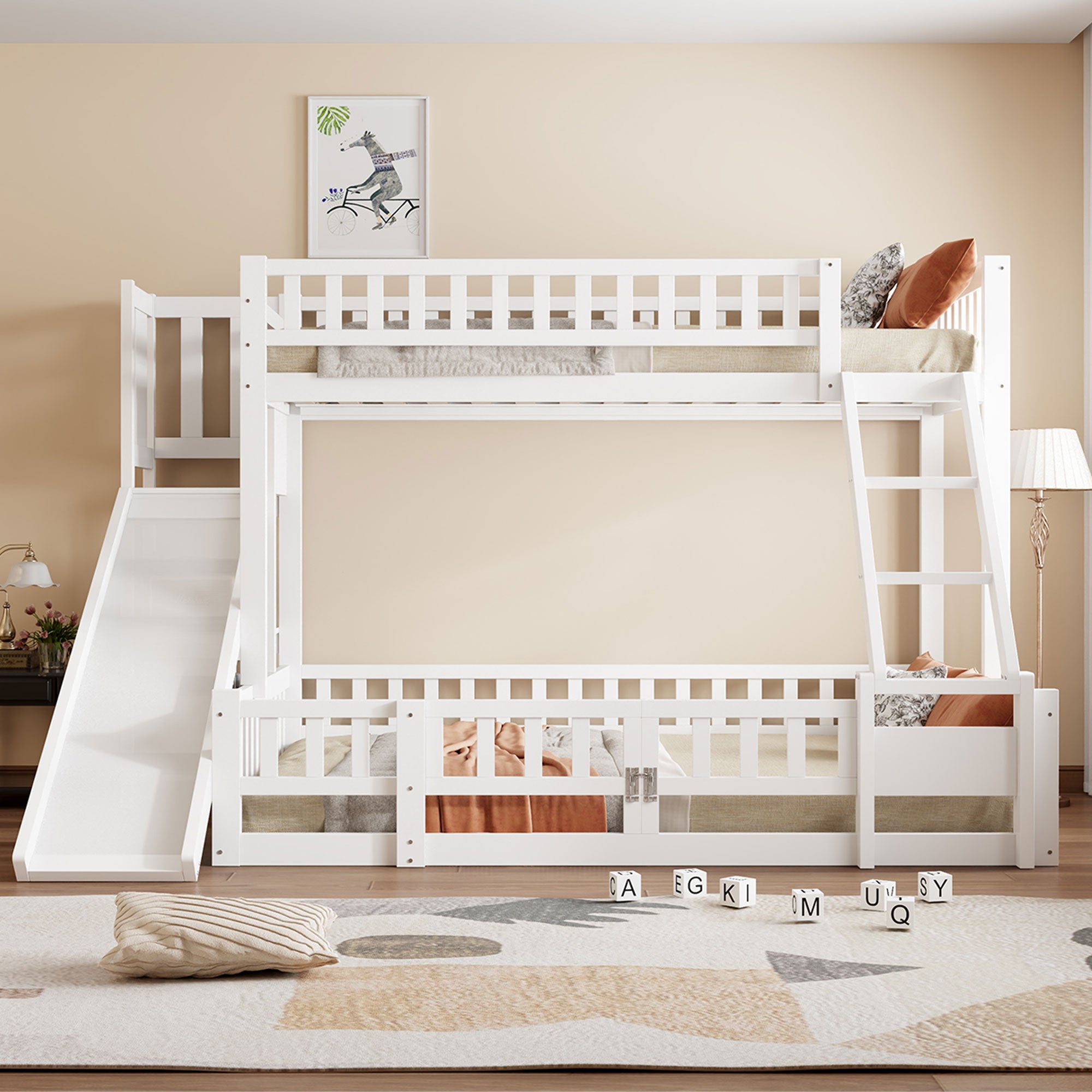 Bunk Bed 90x200 & 140x200, Slide, Pine Wood, White