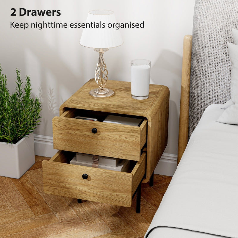 Bedside Table with 2 Drawers Steel Legs - Oak