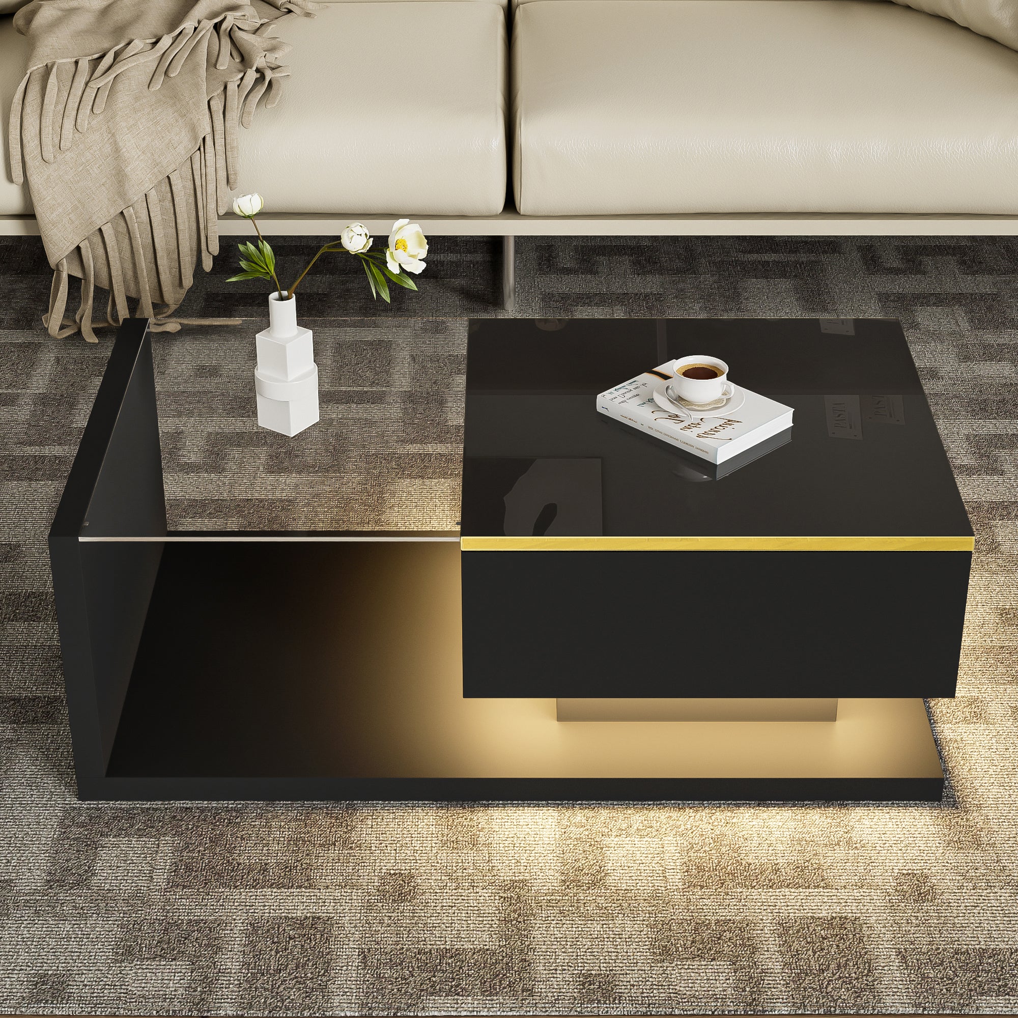 90 cm Coffee Table with Glass & LED, High-Gloss Black