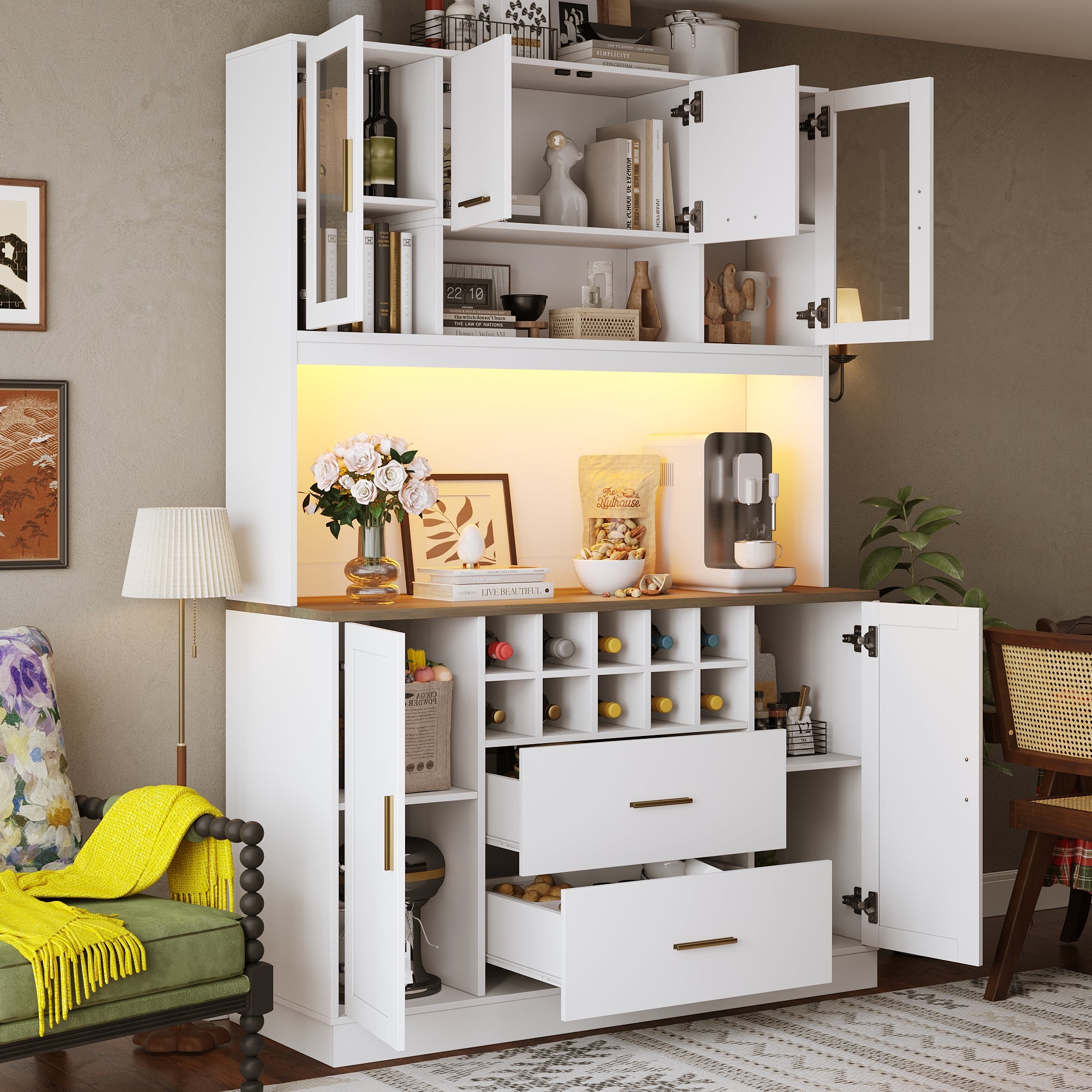 Sideboard Kitchen Cabinet with LED Lighting and Socket, Black and White