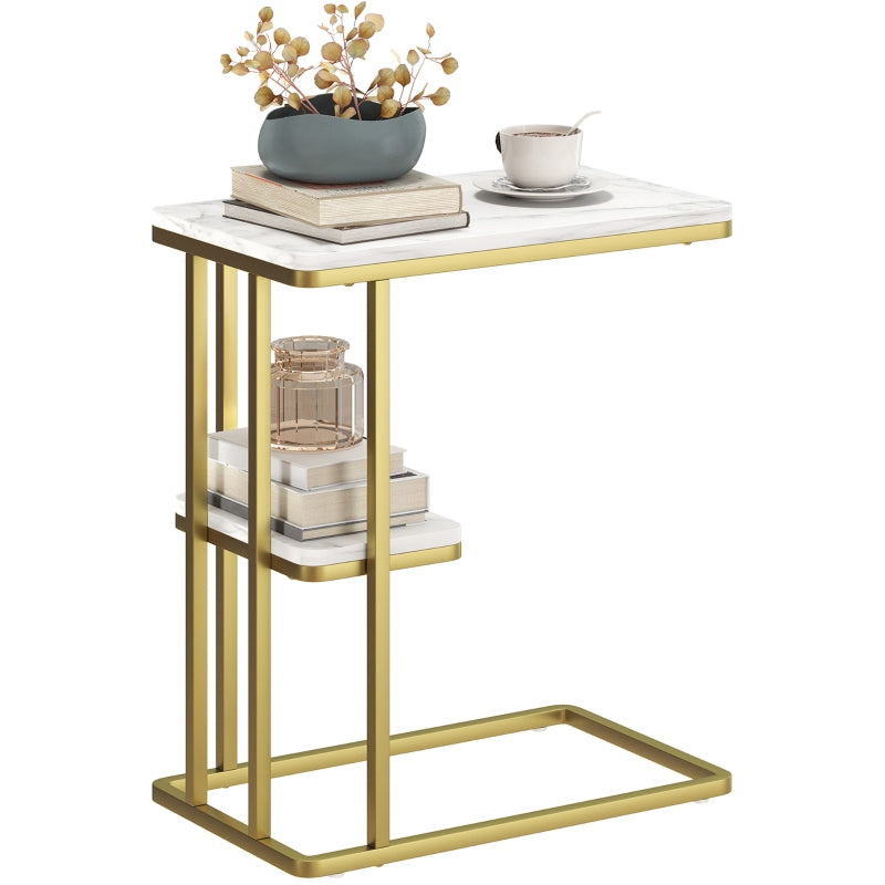 C-Shaped Narrow Side Table, 2-Tier Slim End Table Nightstand for Small Spaces, White Marble Grain