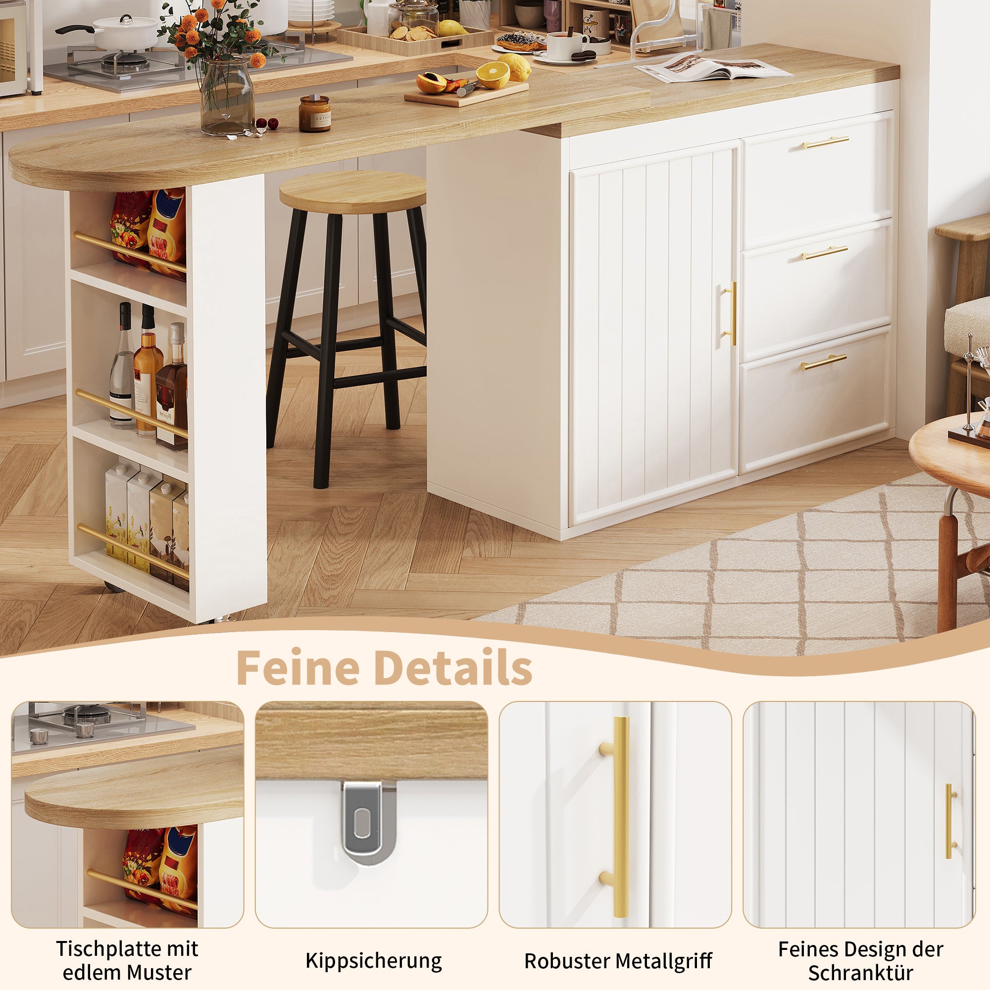 Bar Table with 360° Swivel, 3 Drawers and Storage Shelves, White