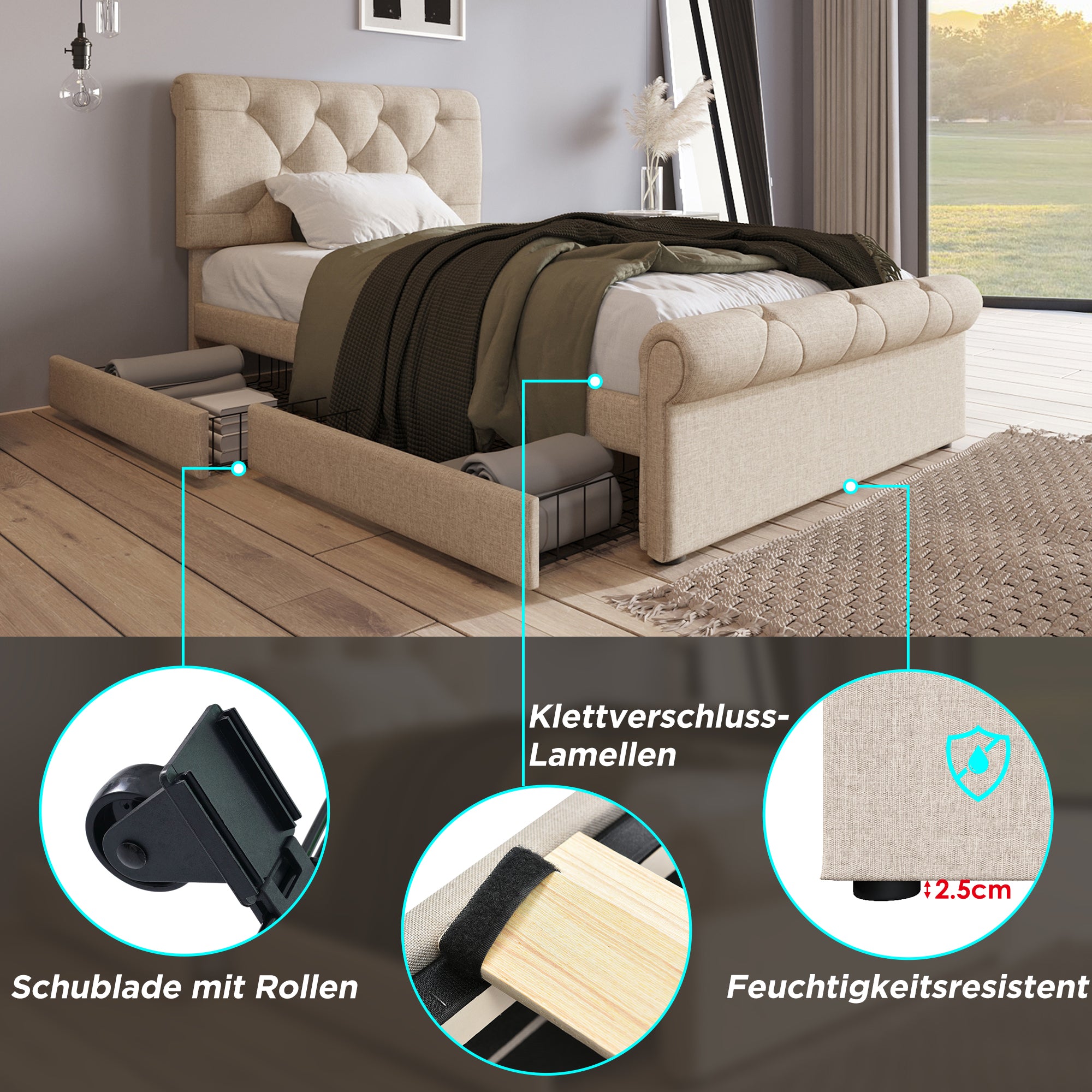 Single Upholstered Bed, 90x200cm with 2 Drawers, Adjustable Headboard, Natural