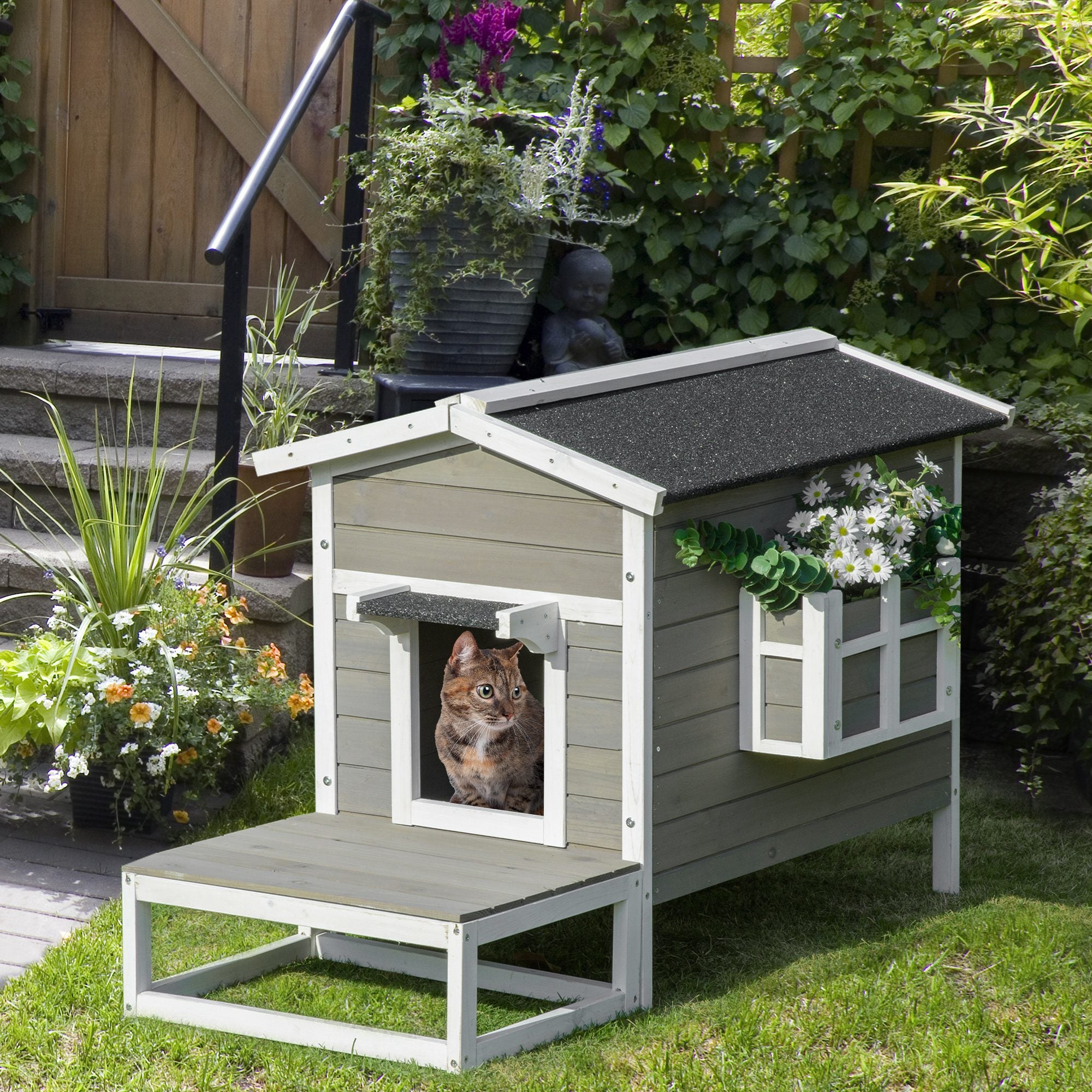 Cat House/Hut with Terrace & Balcony Fir Wood Grey & White
