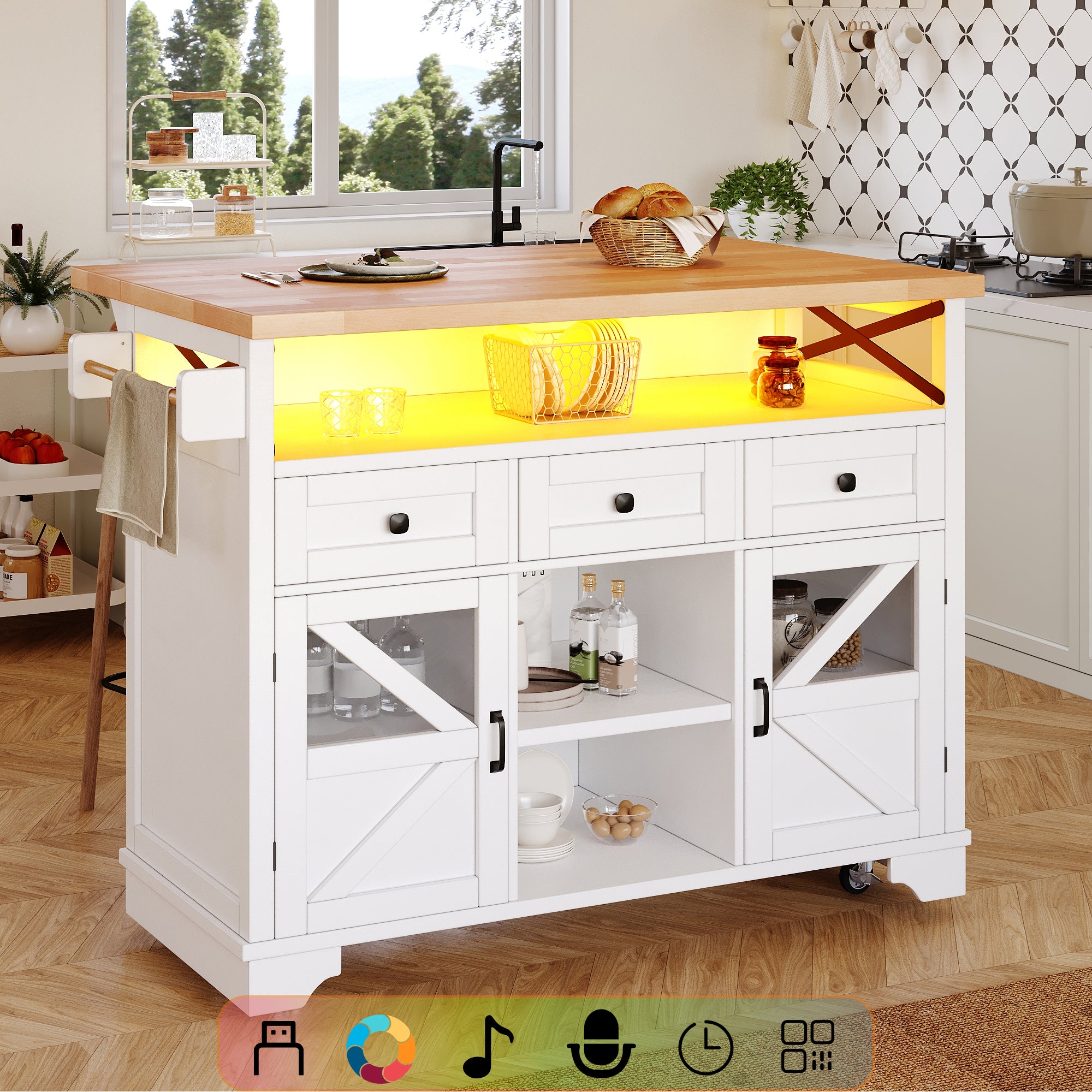 Multifunctional Kitchen Trolley App LED Folding Table 3 Drawers