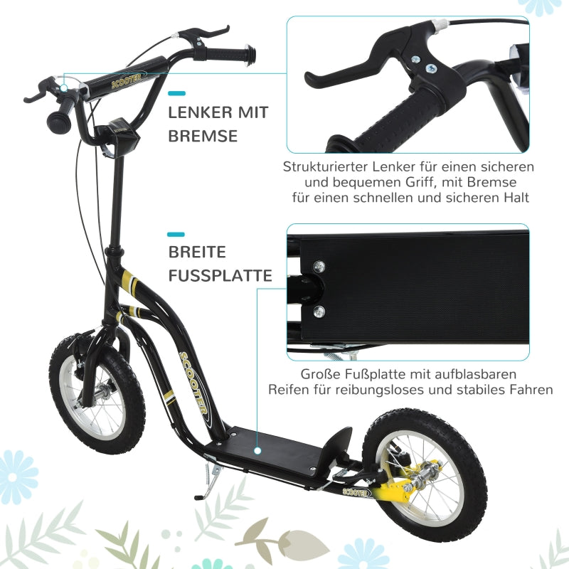 Kids' Scooter with 12-Inch Pneumatic Tires and Kickboard, Aluminum, Black