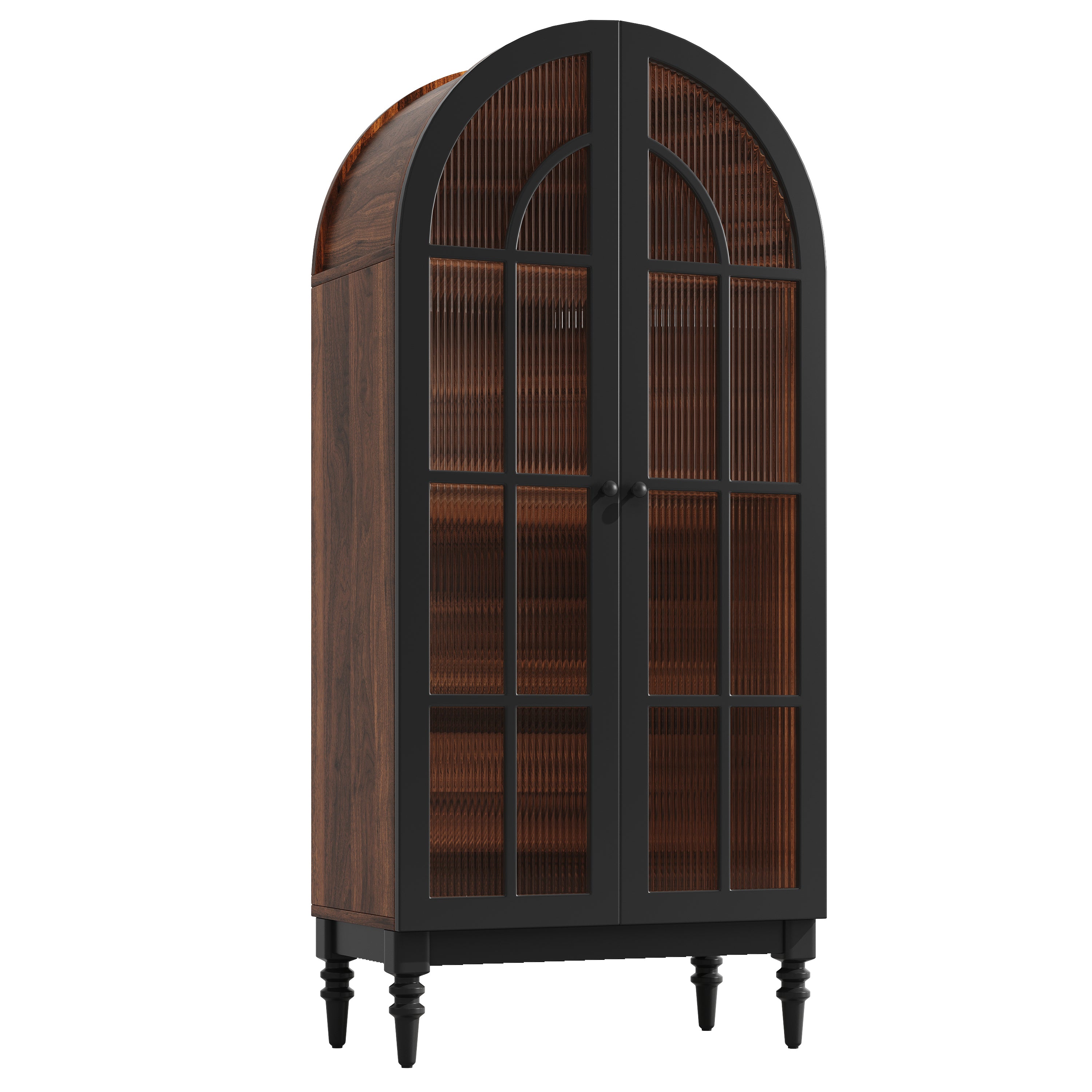 Tall Arched Storage Cabinet with Glass Doors and Wood Grain Finish