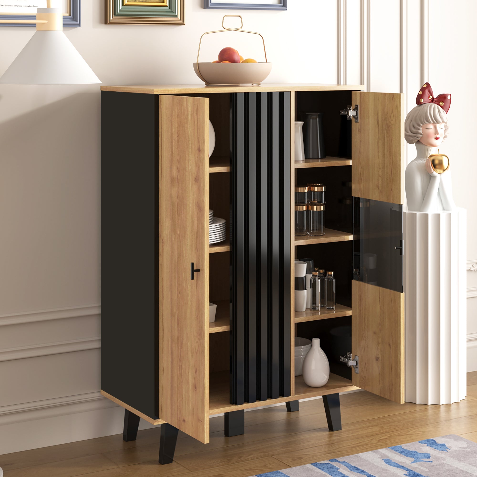 Sideboard, Display Cabinet with Glass and LED Lighting, Black and Wood