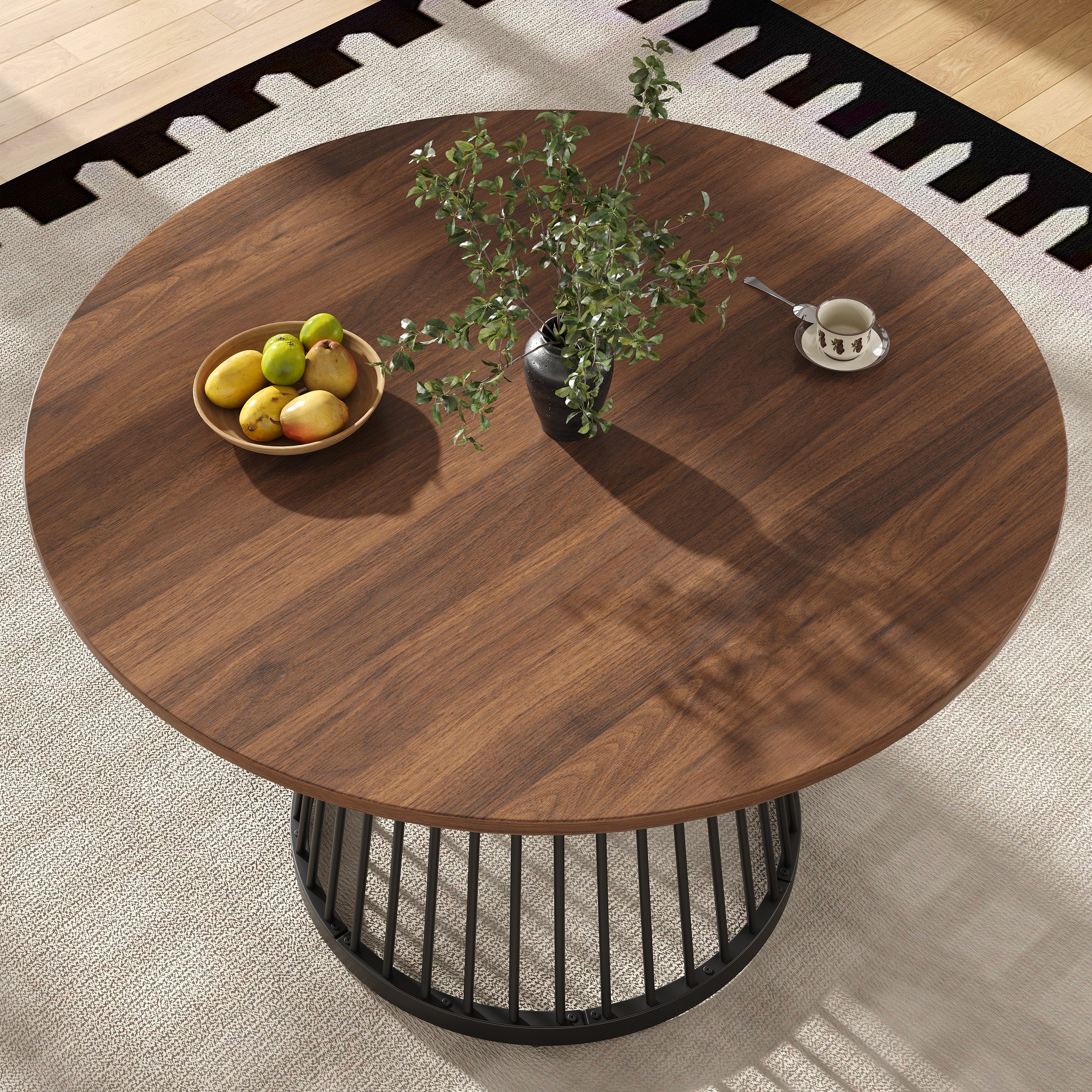 Round Dining Table, kitchen coffee table for 4, walnut-colored and black