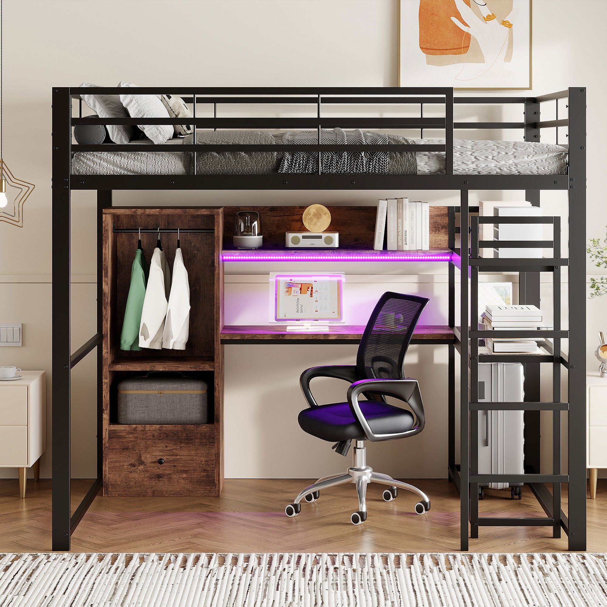 Loft Bed 140x200cm Metal LED Desk Drawer Shelves Stairs - Black