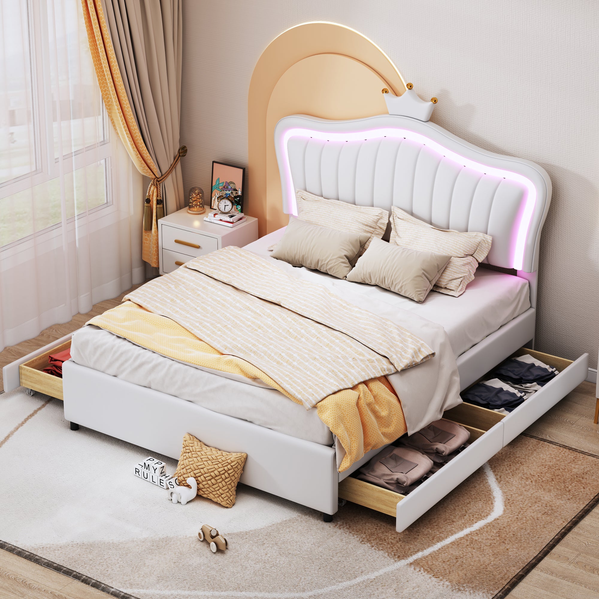 Children's Bed Upholstered with Storage Drawers & LED Lights, White PU Leather