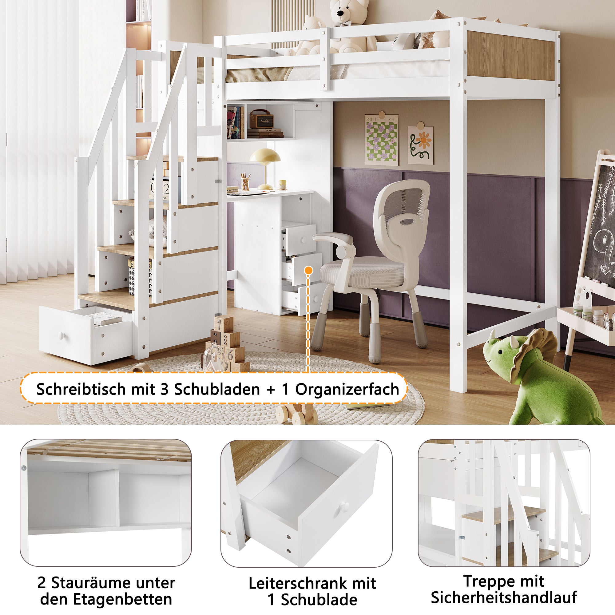 Bunk Bed with Safety Gate, Desk & Storage, Pine+MDF White+Natural