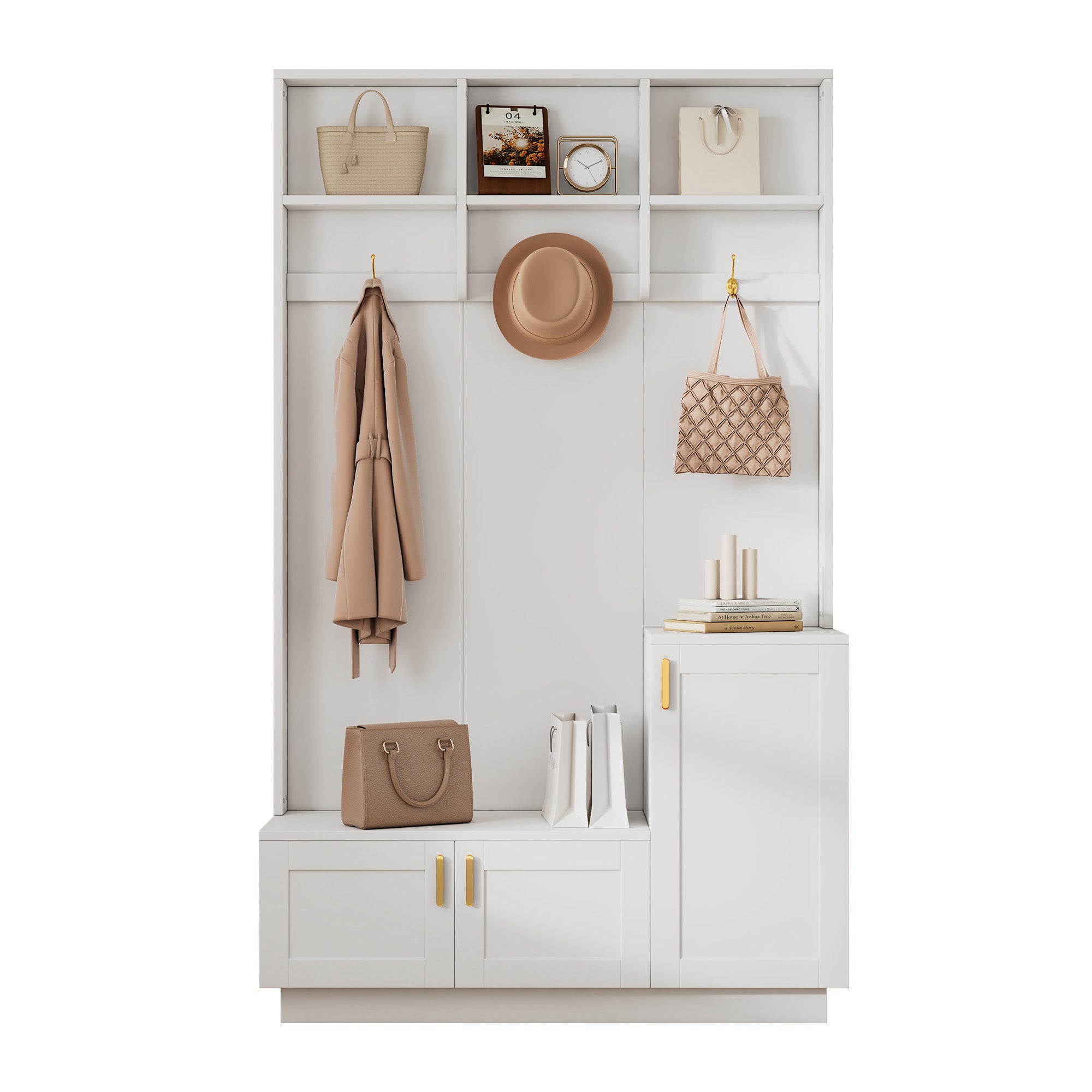 Wardrobe Set with Bench & Shoe Rack, Multifunctional Storage, White