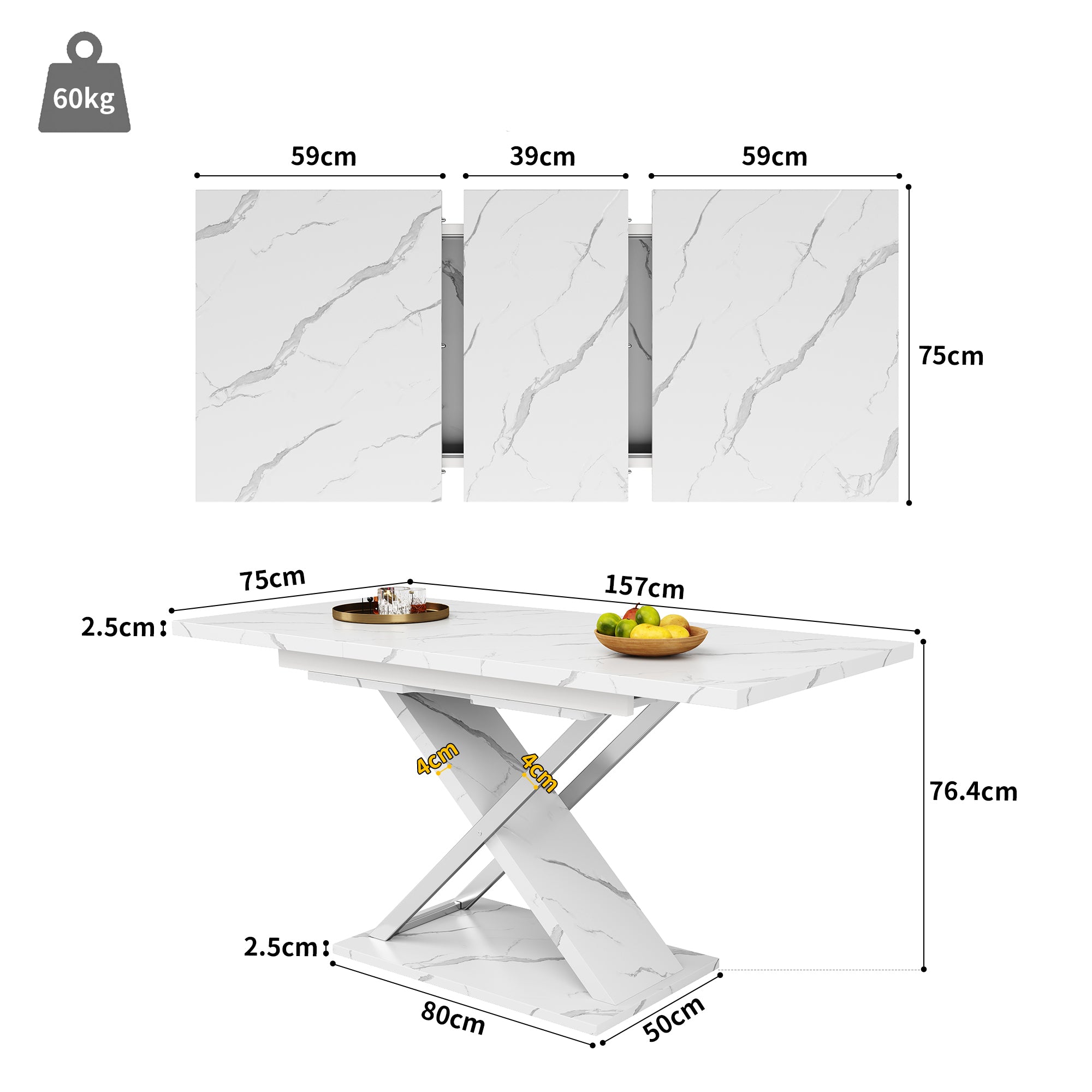 Extendable Dining Table 118–157 x 75 cm with Cross Legs, MDF