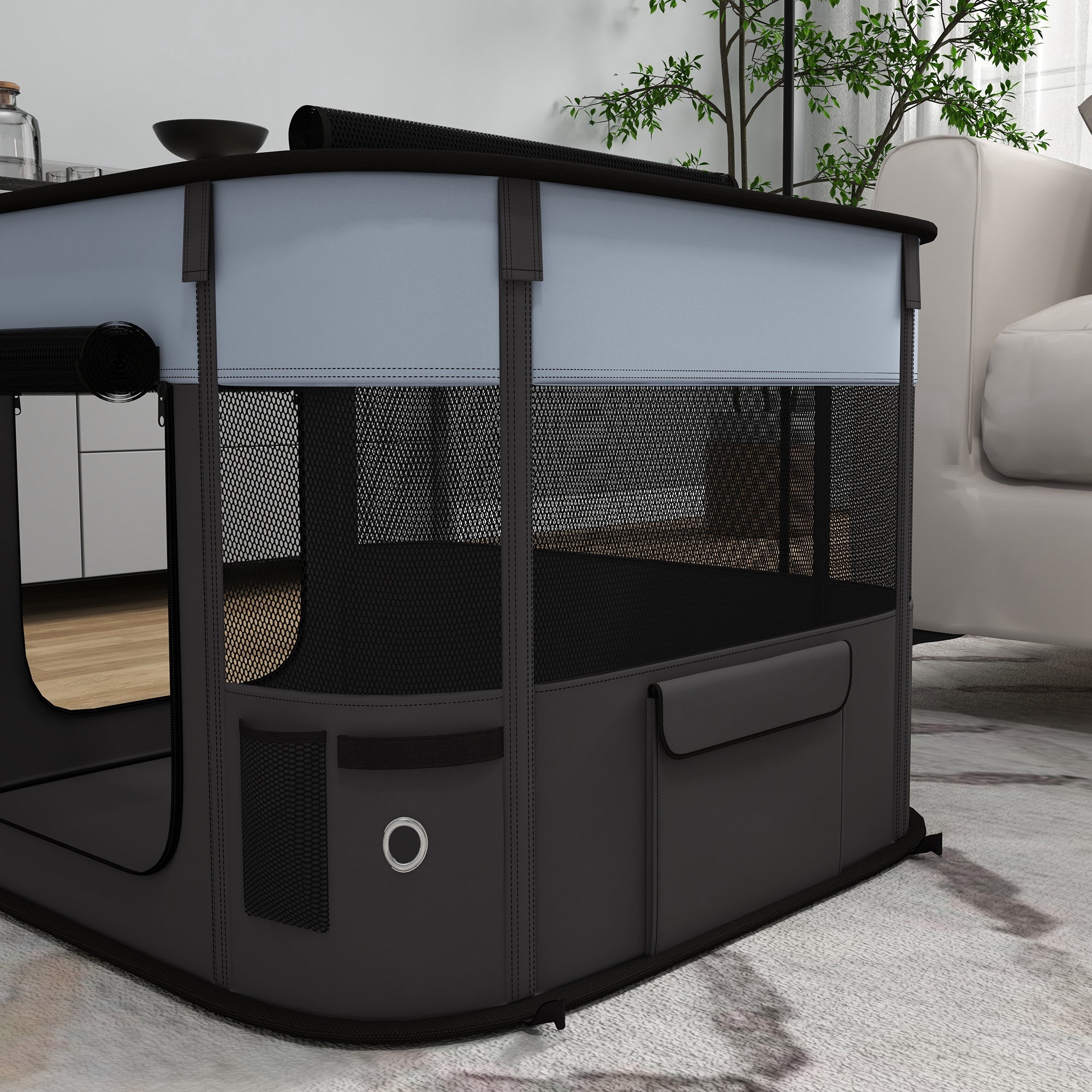 Puppy Playpen Foldable with Doors, Windows, Breathable Mesh, 74x60x45cm Grey