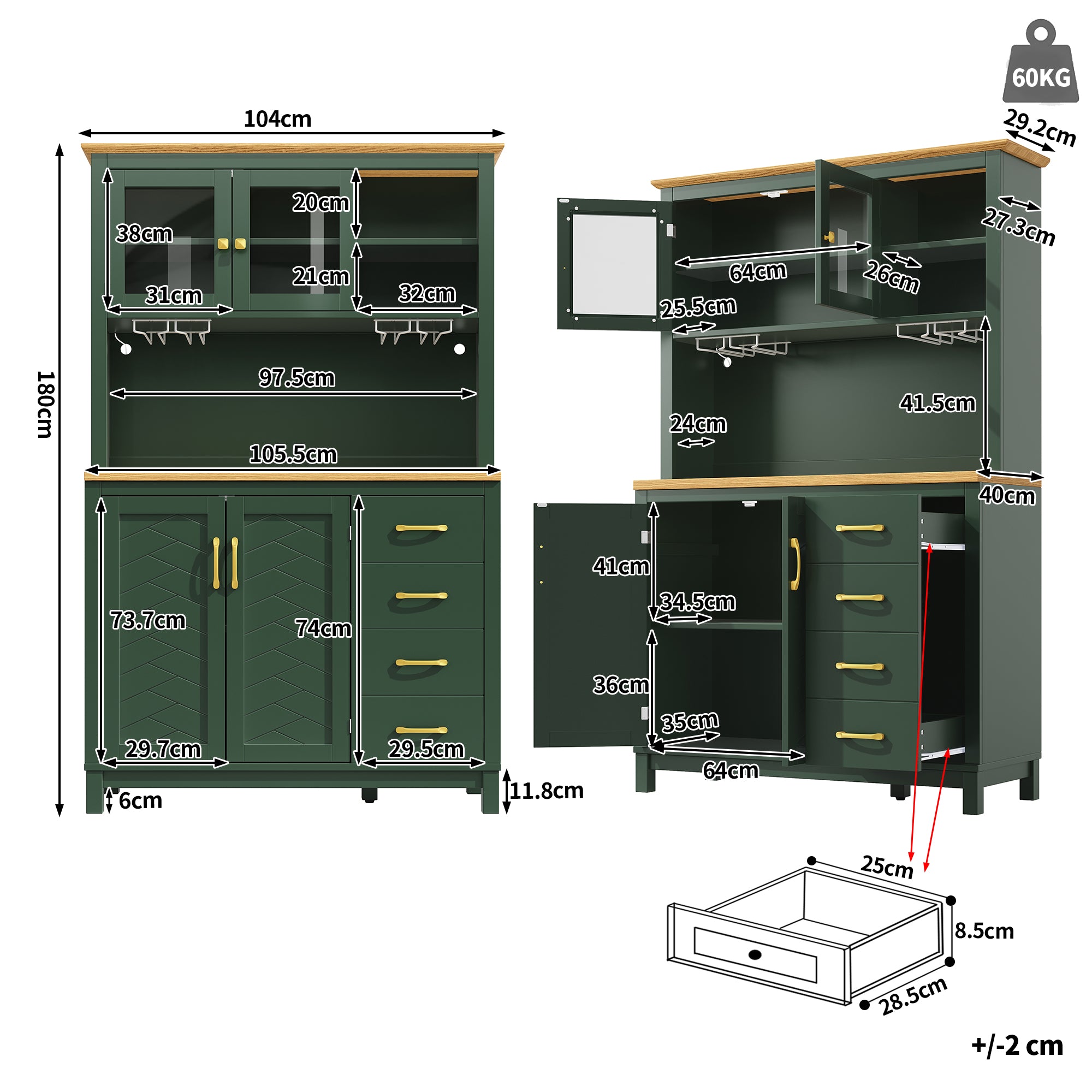 Buffet Cabinet with LED Light Strip and Drink Holders, Green, Black and White
