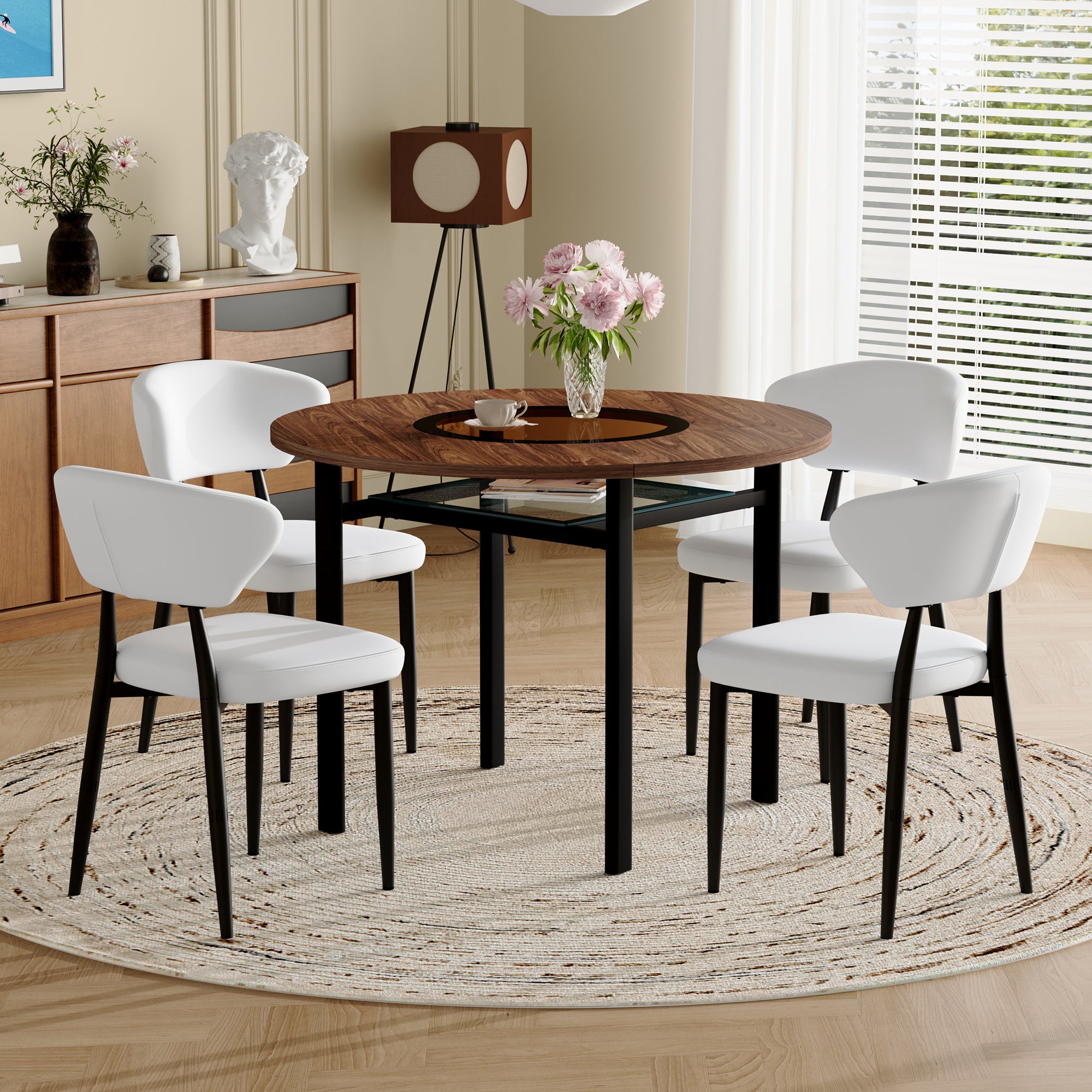 Modern Minimalist Round Table Set 100cm Diameter 4 Chairs Wood/White PU