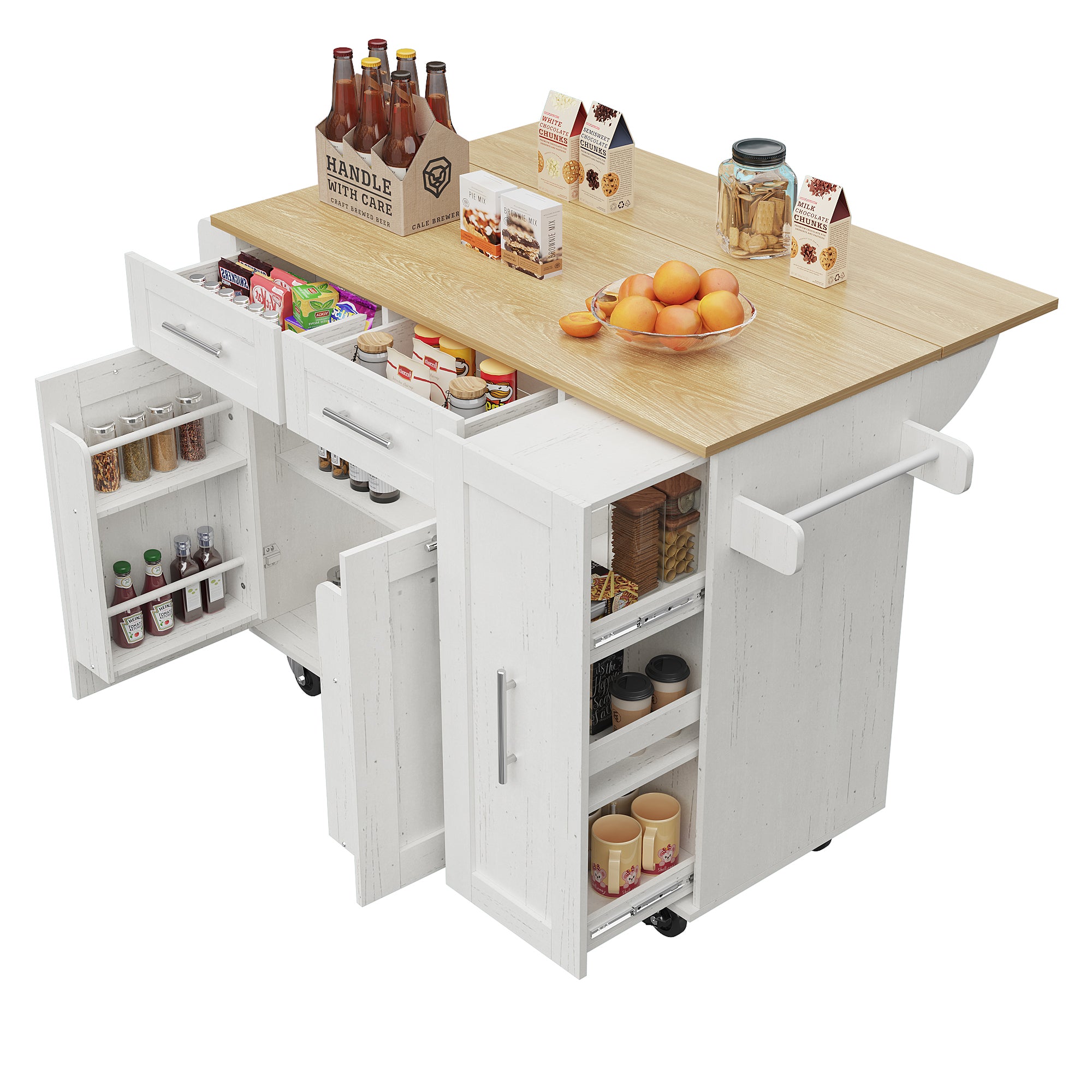 Dining Cart Kitchen Island - Multifunctional Extendable Table Storage - White Wood Grain