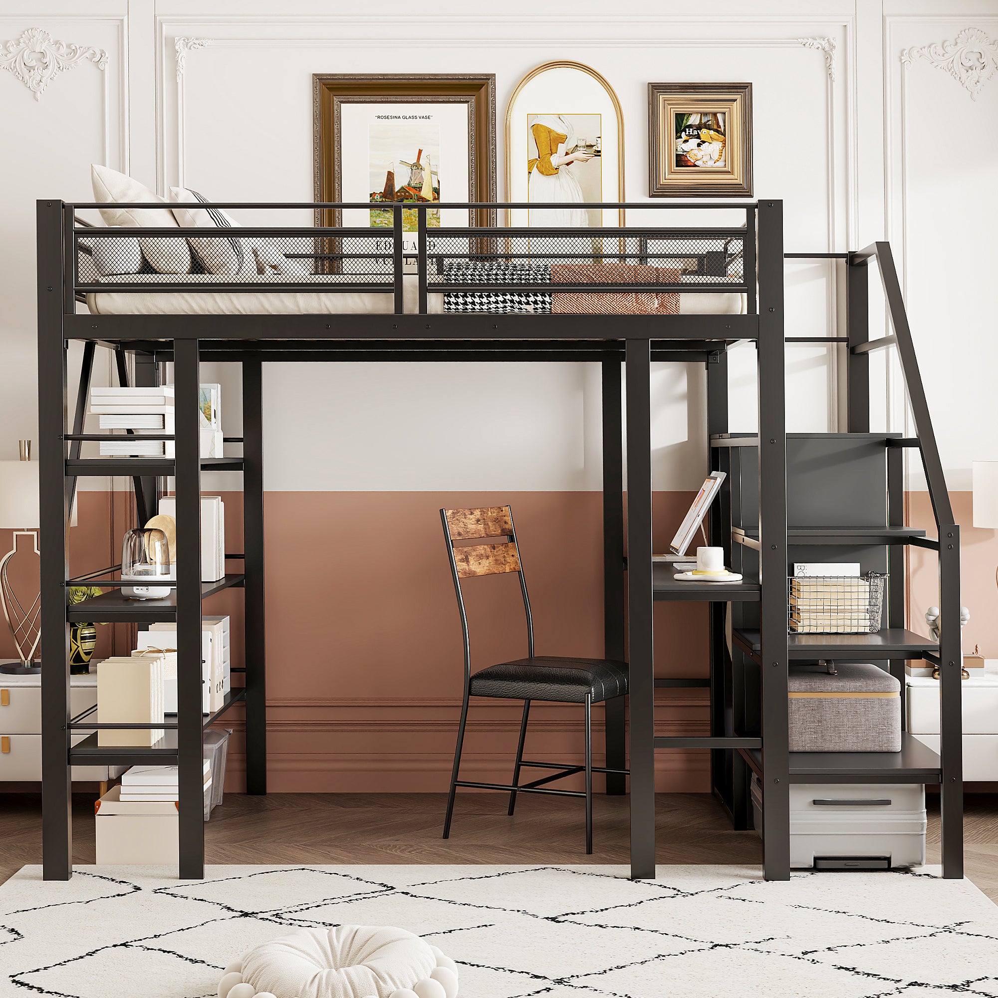 Loft Bed 140x200cm Storage Shelf Desk Wardrobe Iron, Black