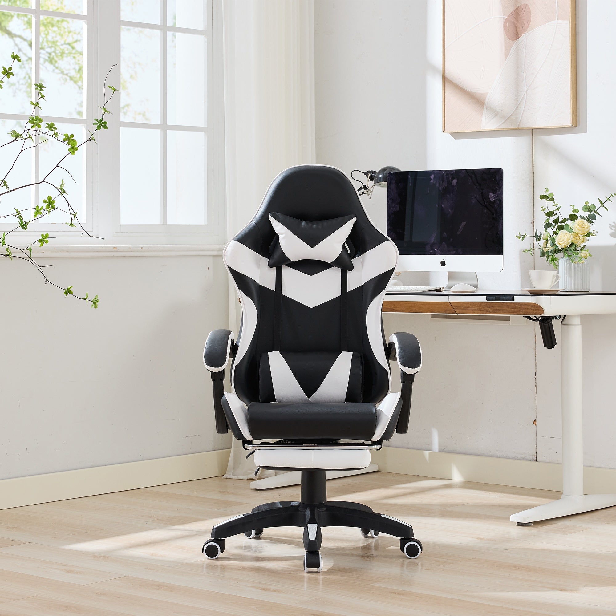 Gaming Chair 360° Swivel Ergonomic Racing High-Back Adjustable Footrest Headrest Lumbar Support - Black & White Leather