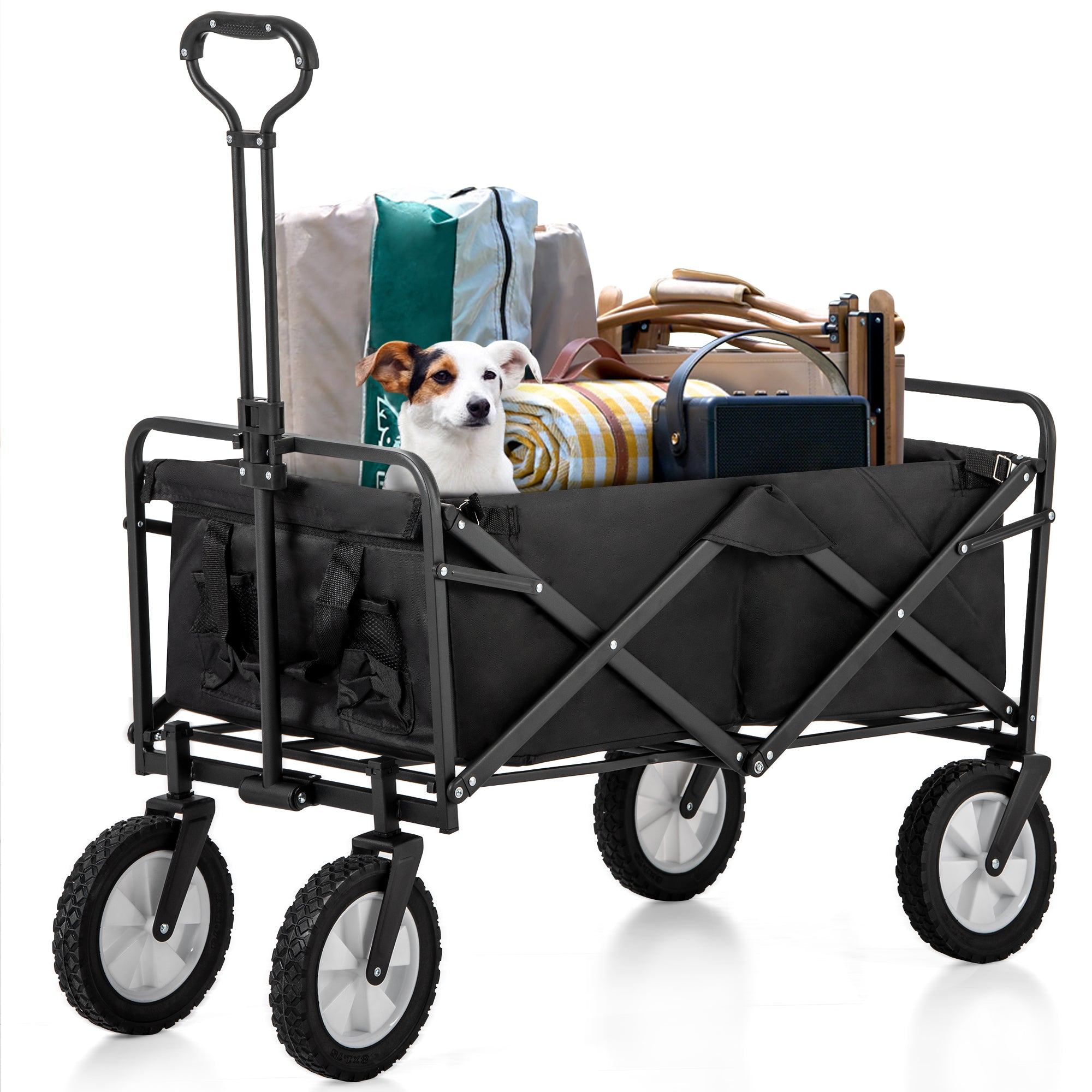 Collapsible Station Wagon All Terrain Trolley, Foldable Handcart Garden Cart with Mesh Cup Holder, Adjustable Handles, Fabric