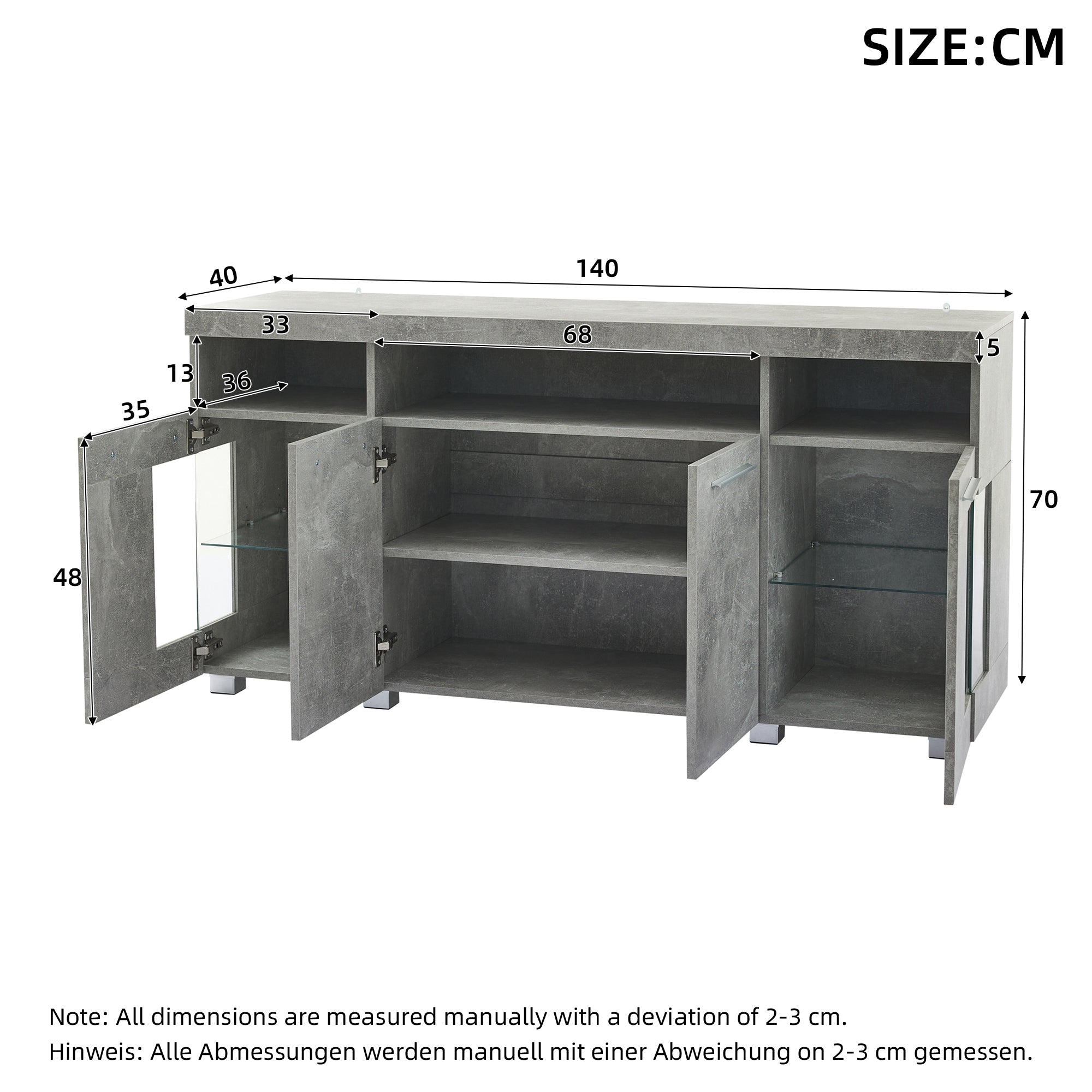 Sideboard Cabinet High-Gloss LED Light Tempered Glass 3 Compartments, Cement-colored