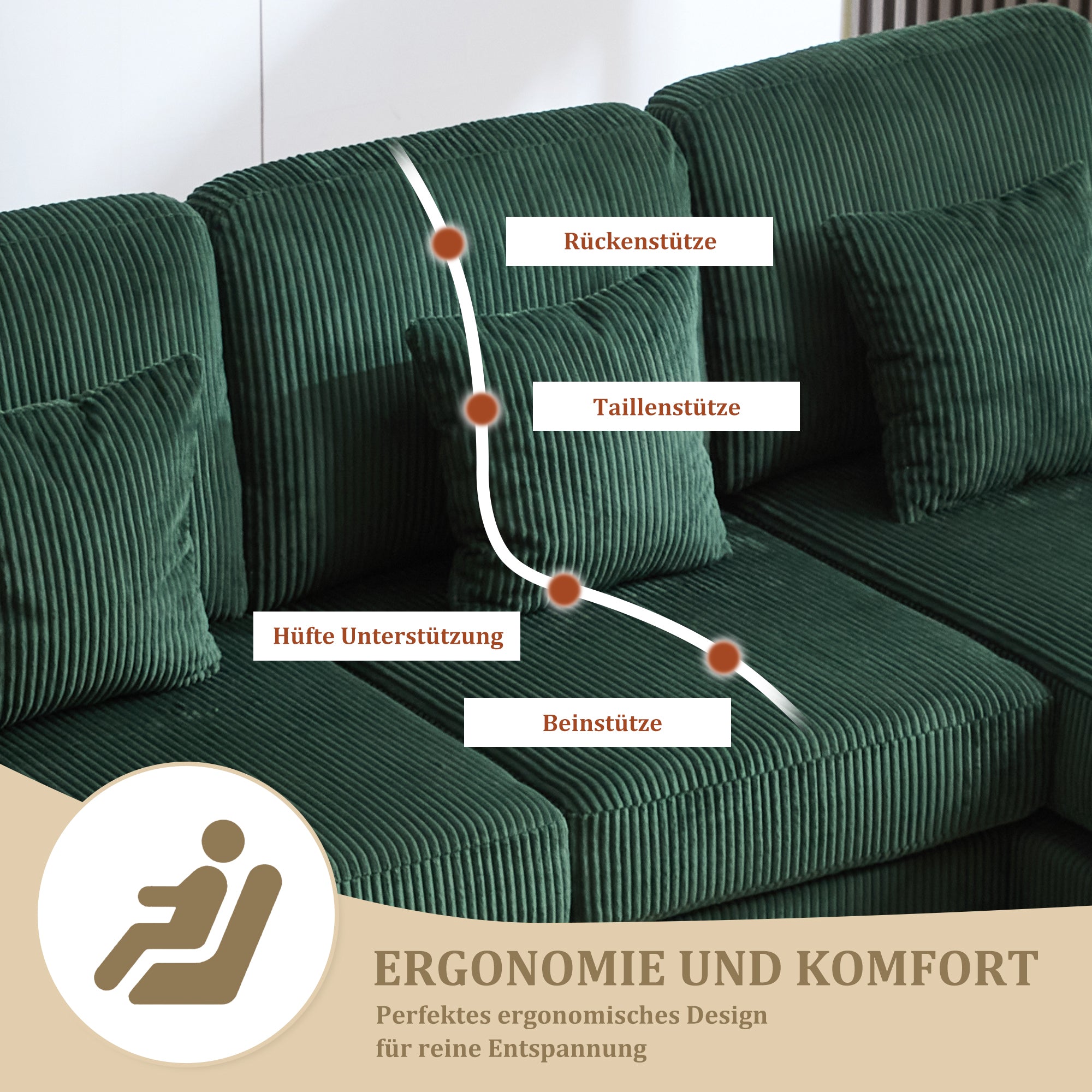 Sofa, U-Shaped with LED & USB-C, Dark Green