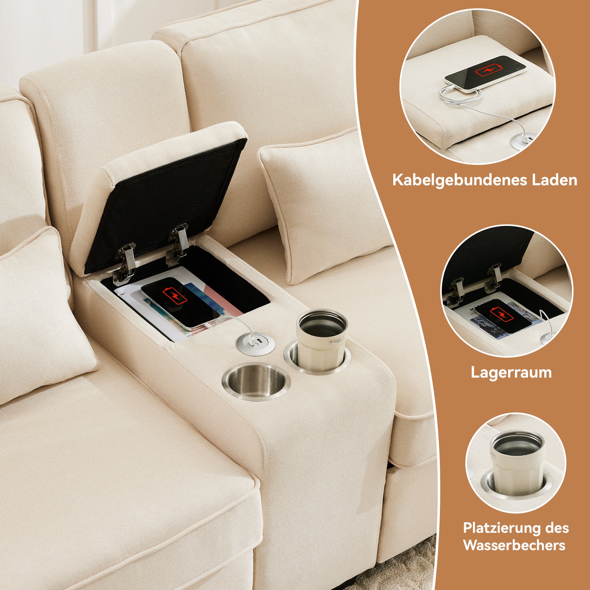 Sofa, 4-Seater with Console, Cup Holders, USB Ports, Linen Fabric