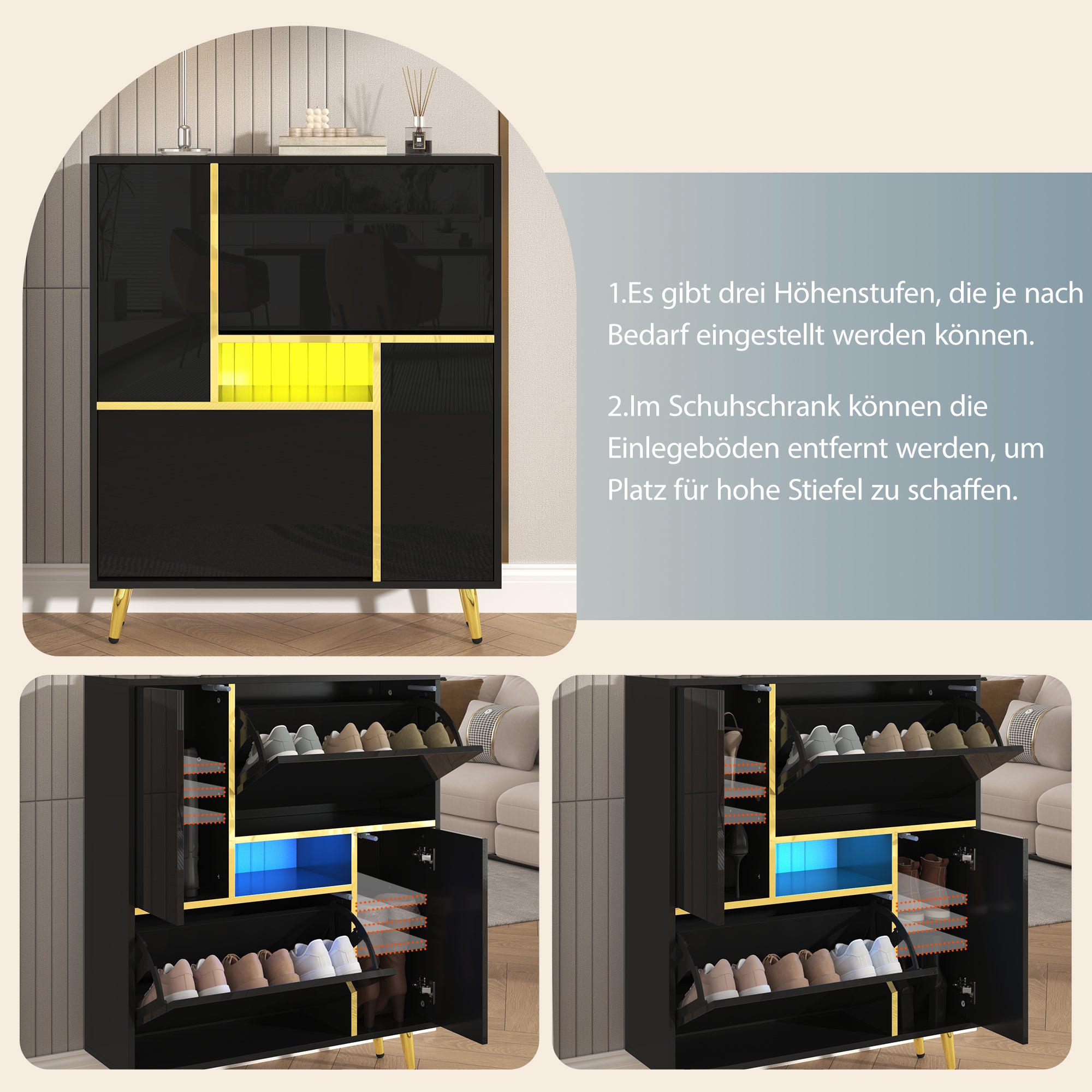 Modern shoe cabinet, high-gloss front, 16-color LED light, black